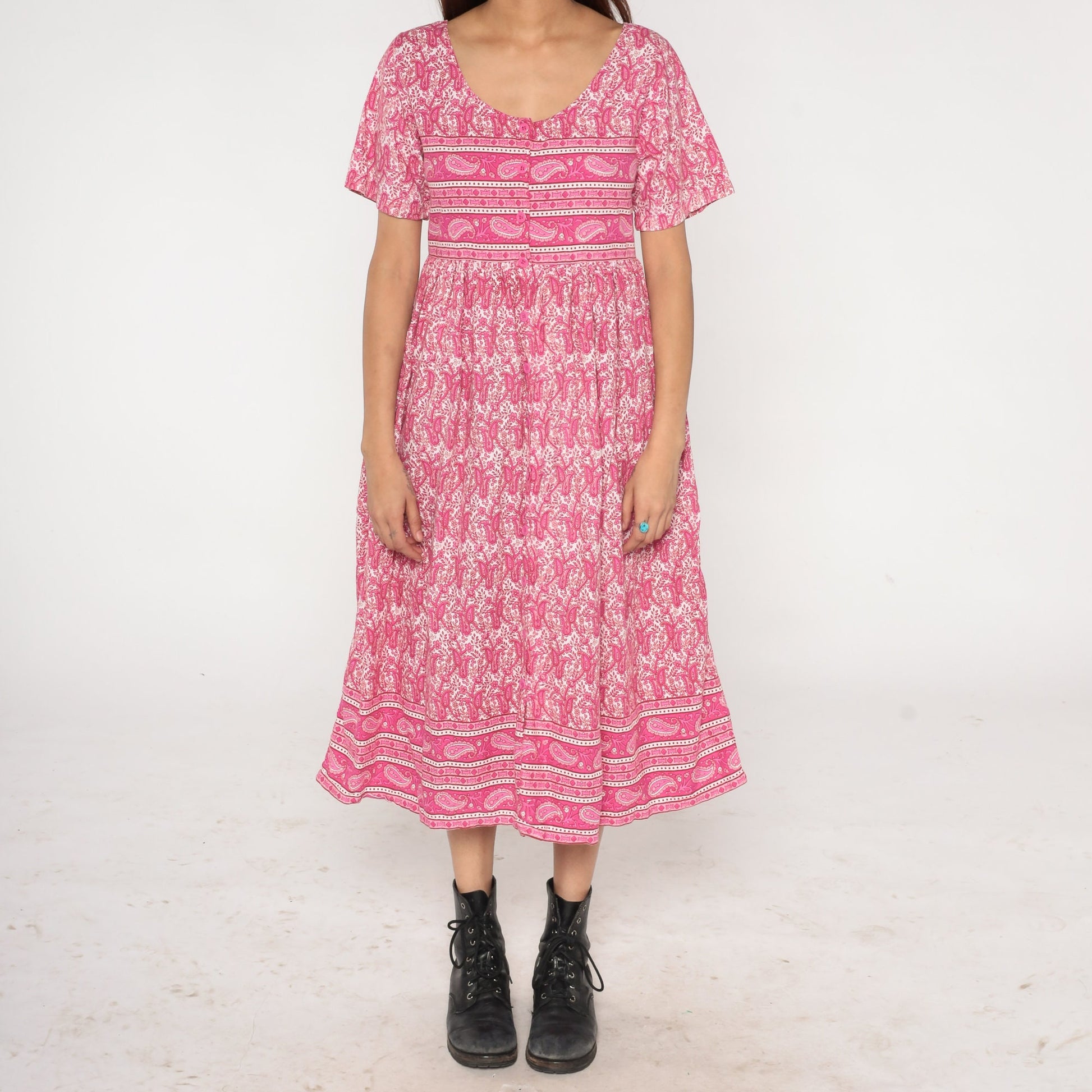Y2K Pink Paisley Midi Shirtdress High Waist Button Front Cotton Small