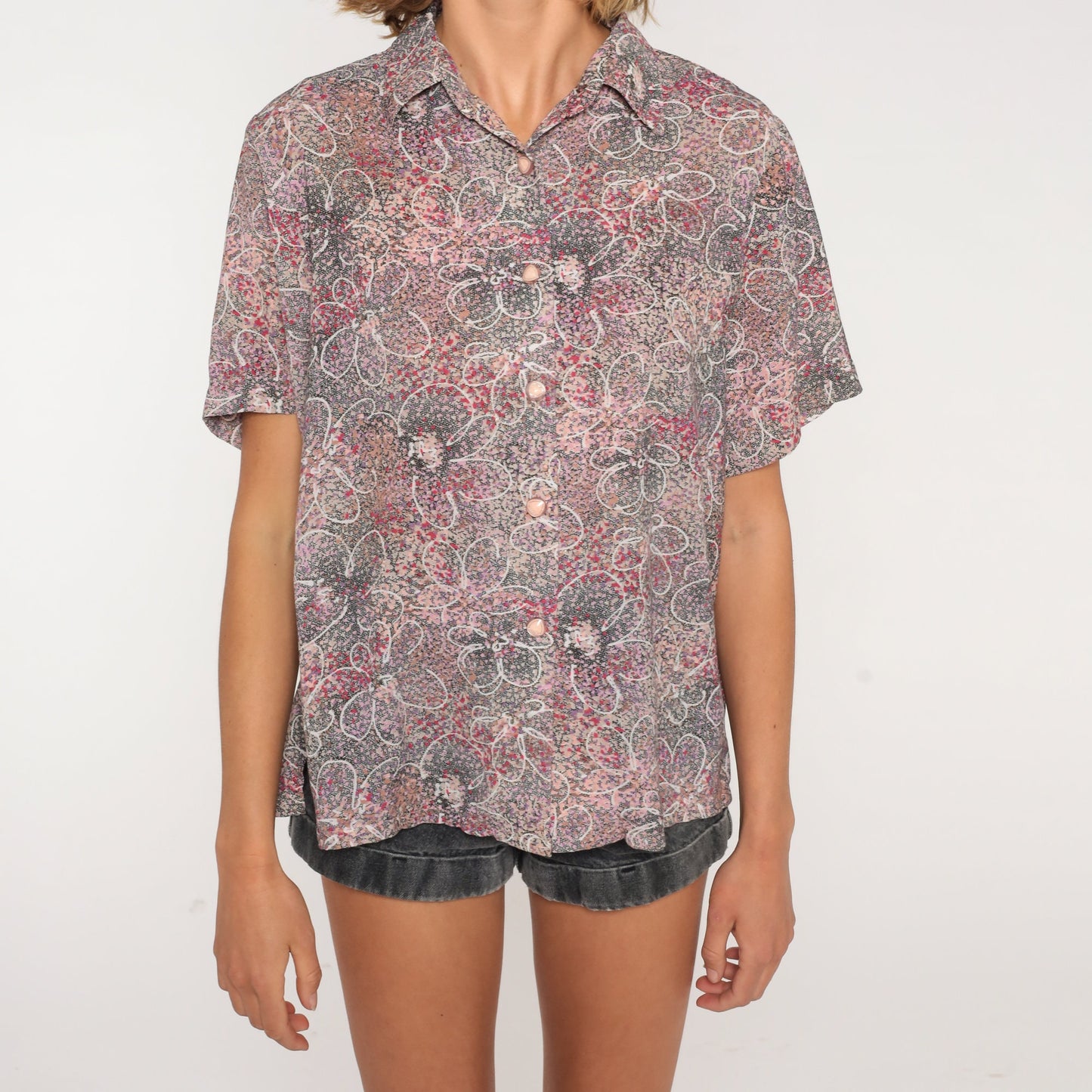 90s Floral Metallic Button-Up Blouse Short Sleeve Collared Shirt Large L