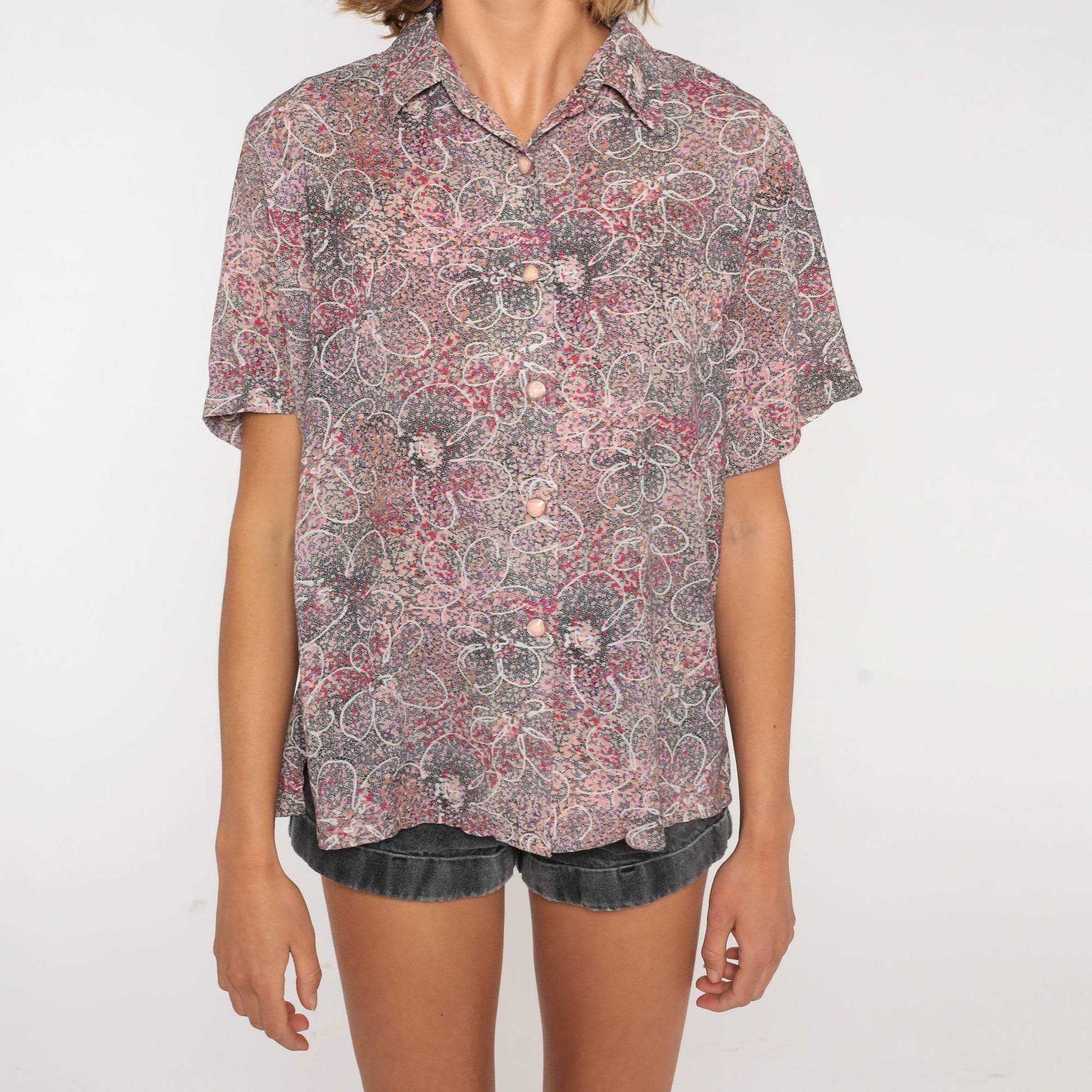 90s Floral Metallic Button-Up Blouse Short Sleeve Collared Shirt Large L