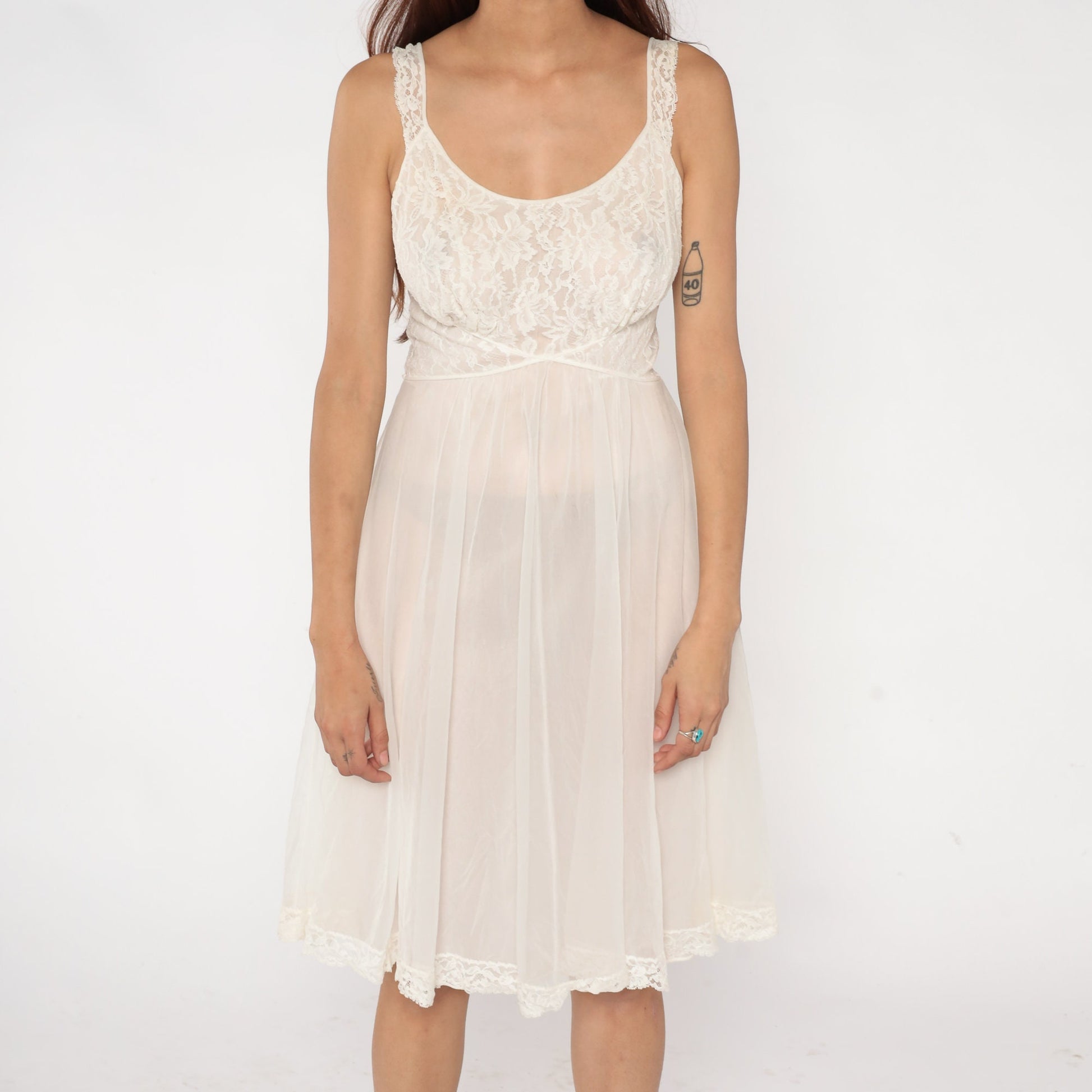 70s Vanity Fair White Lace Midi Nightgown Small S