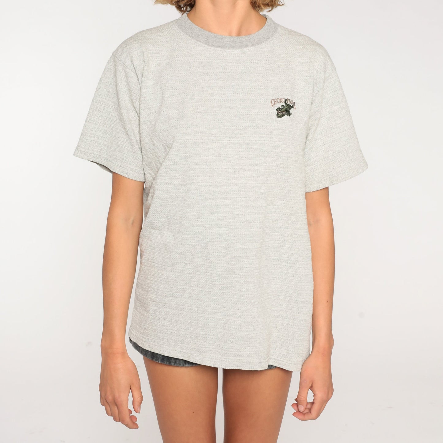 90s Gecko Hawaii Embroidered Logo T-Shirt Heather Grey Ribbed Cotton Large