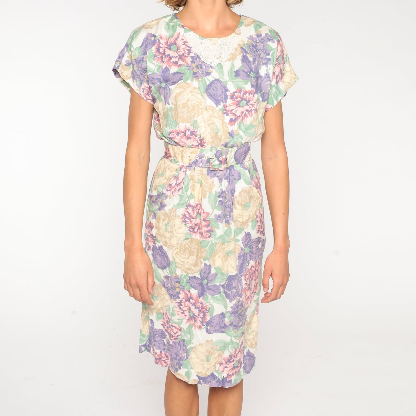 80s Floral Midi Dress White Lace Appliqué Belted Pencil Short Sleeve Small S