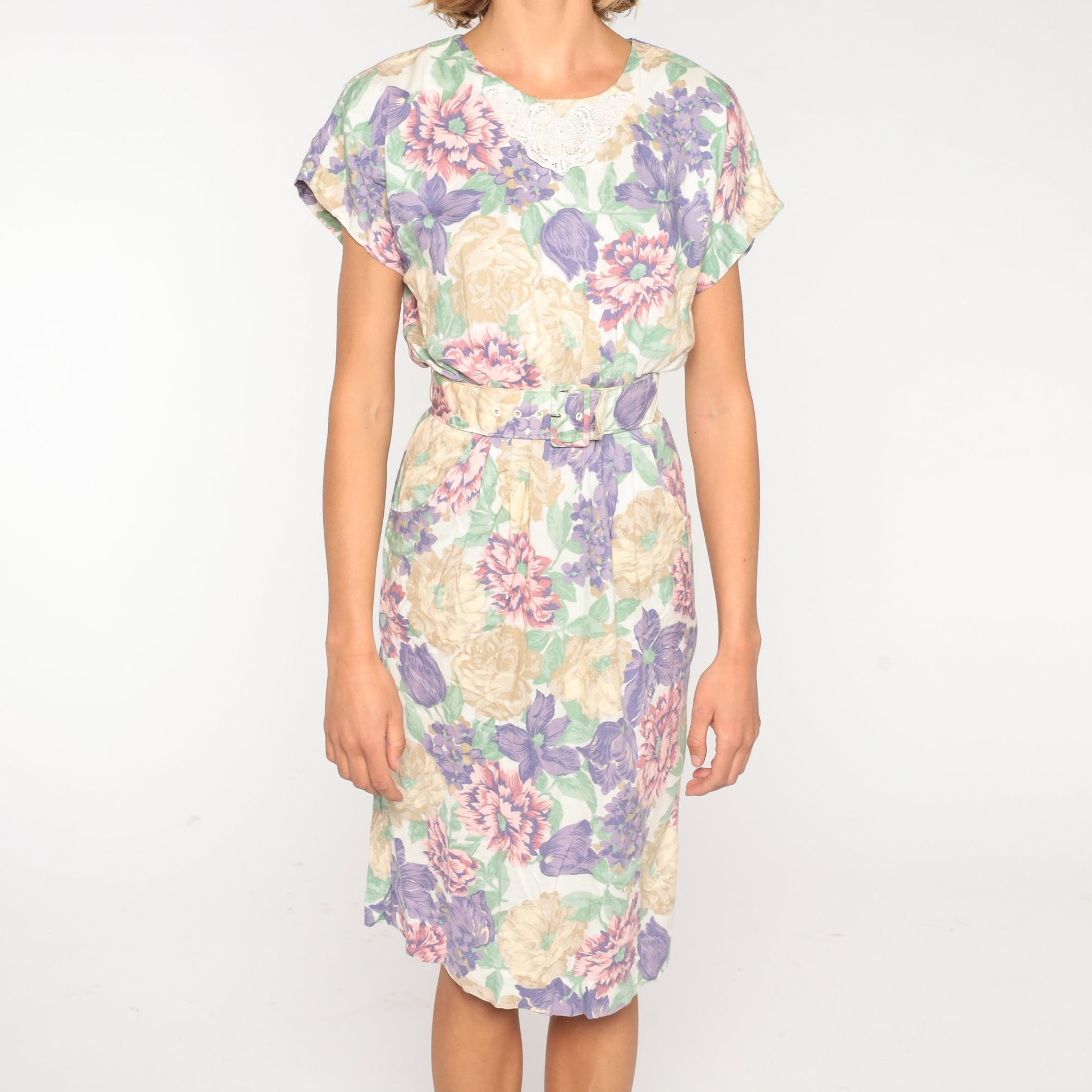 80s Floral Midi Dress White Lace Appliqué Belted Pencil Short Sleeve Small S