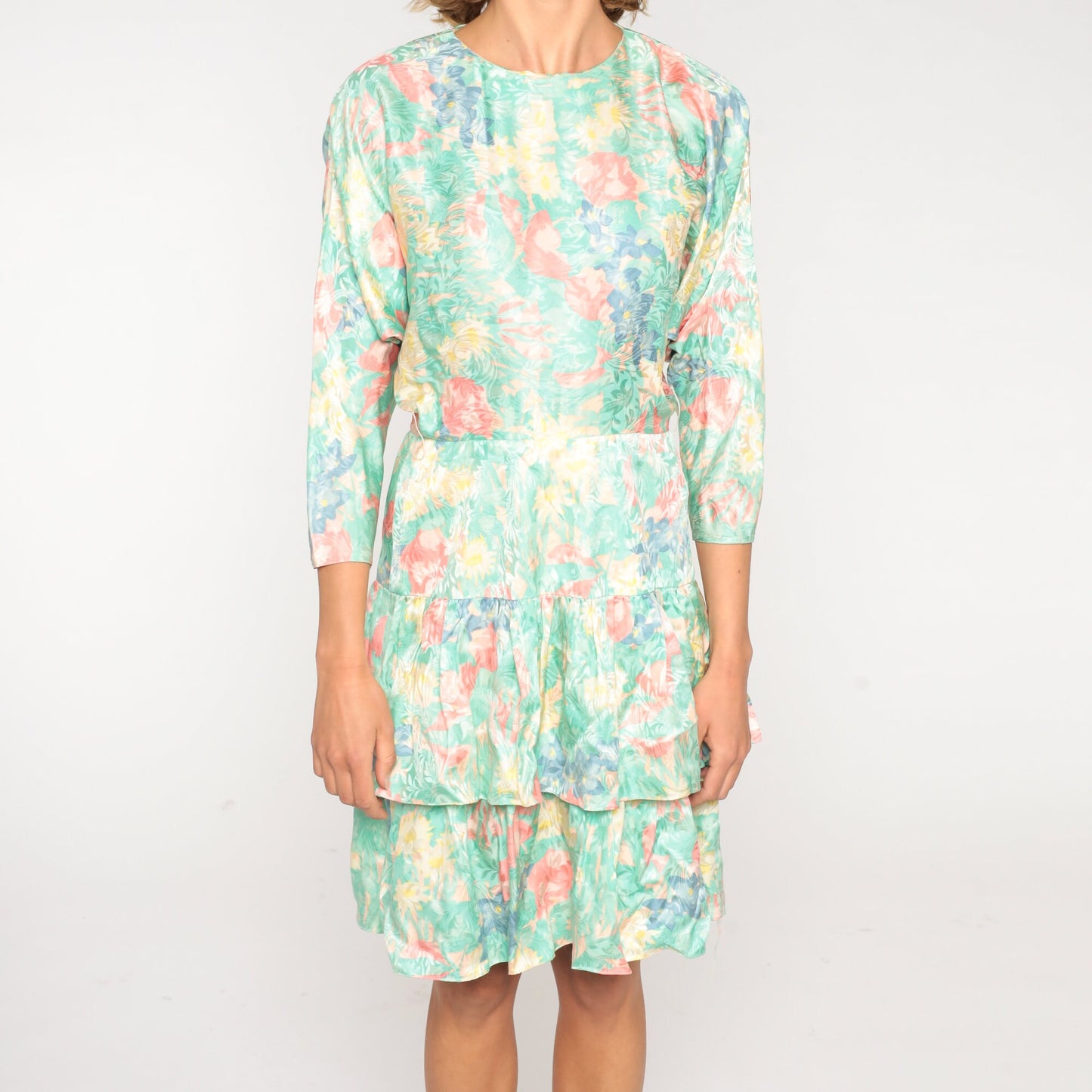 80s Silk Floral Mini Dress Green Print High Waist Tiered Long Sleeve Small 6