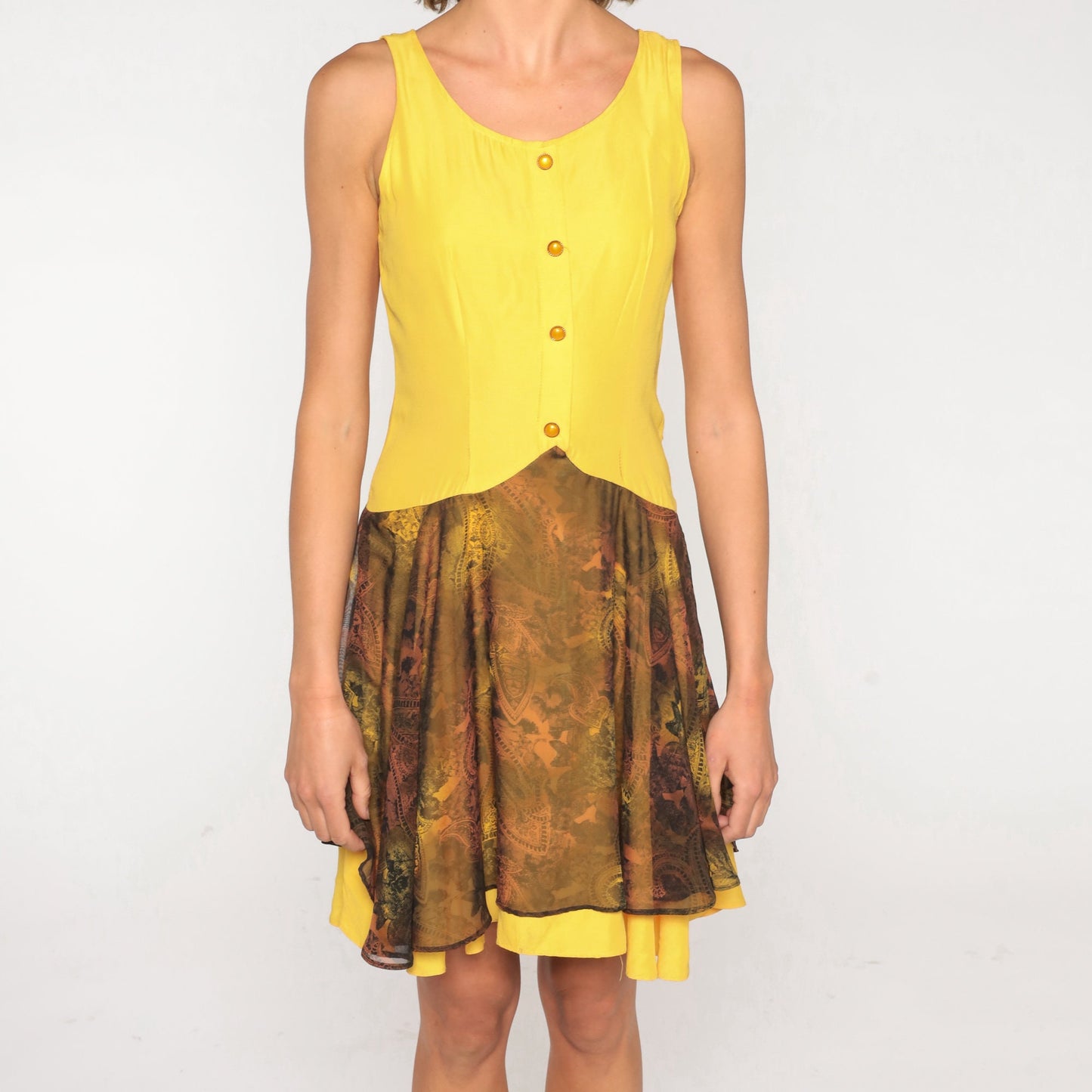 90s Yellow Paisley Mini Dress Sleeveless Button-Up Flowy Layered Extra Small