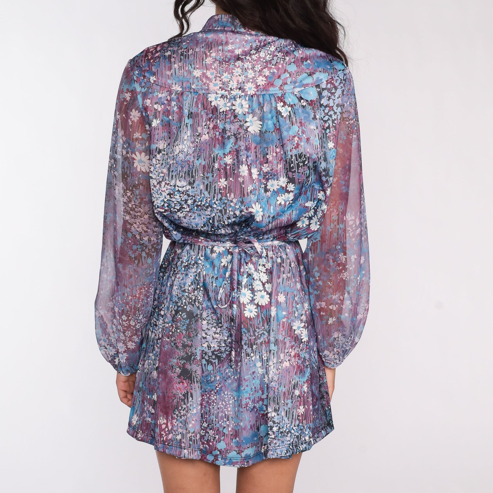70s Floral Mini Dress Purple Blue Button-Up High Waist Long Sheer Sleeve Large