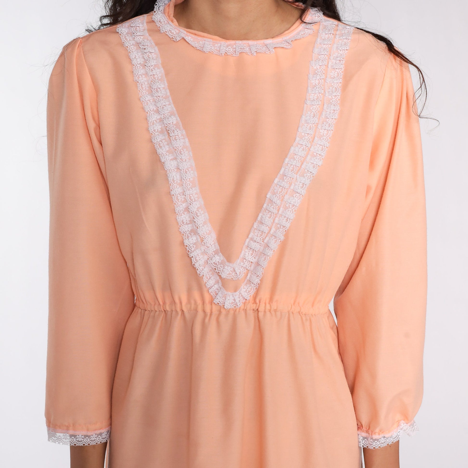 70s Peach Lace Mini Dress Puff Sleeve High Waist Medium
