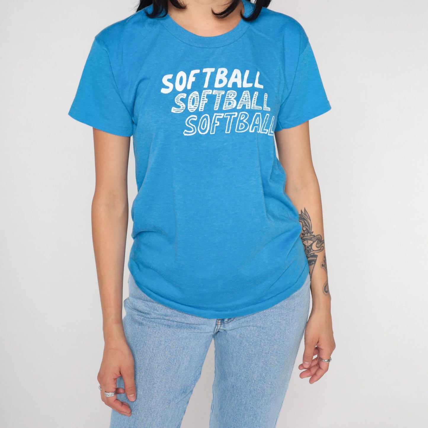 80s Softball Graphic T-Shirt Blue Single Stitch Crewneck Medium