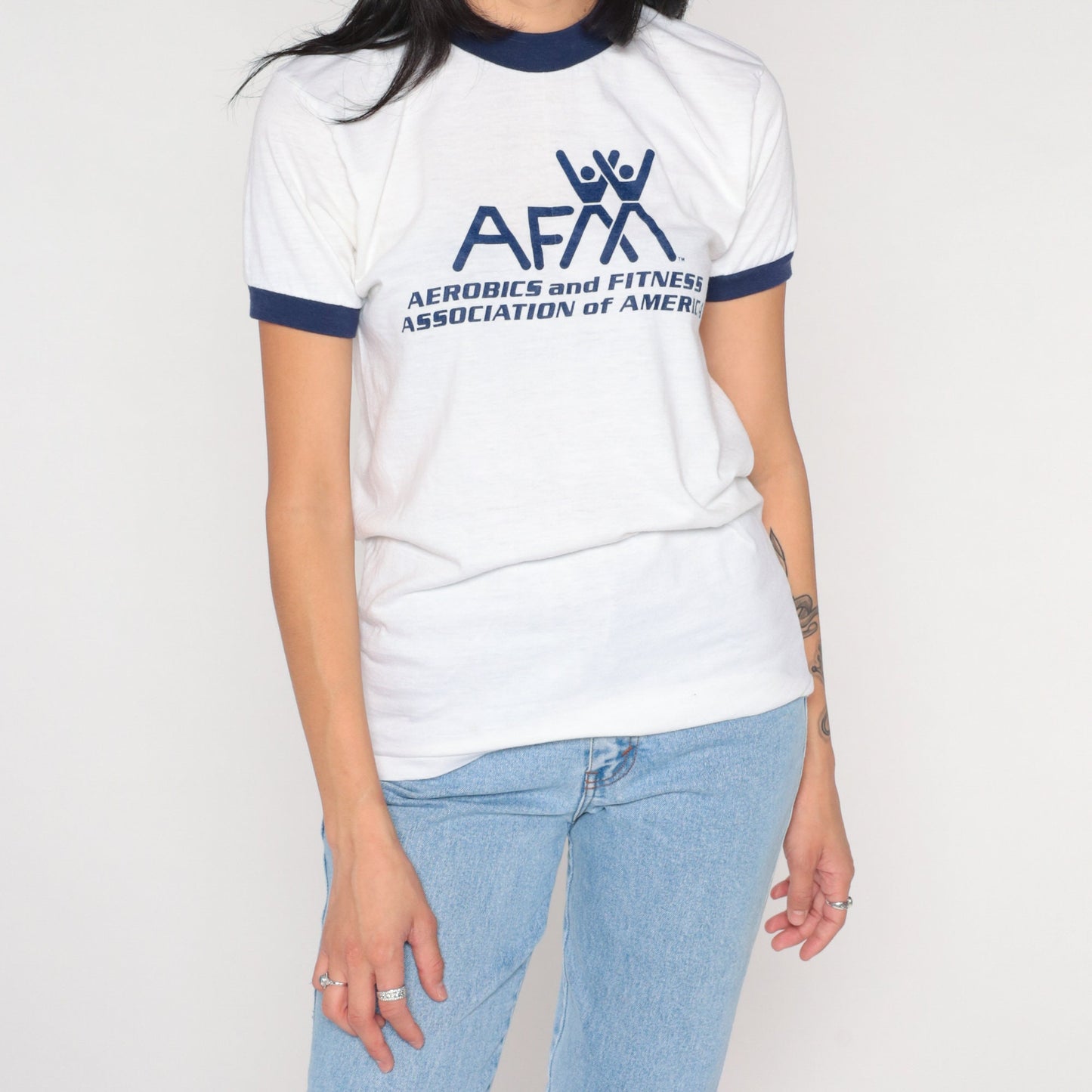 80s AFAA Athletics Fitness Association Ringer Tee White Graphic Small