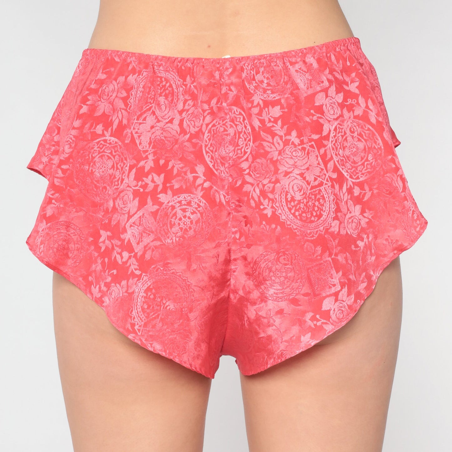 90s Victoria's Secret Tap Shorts Coral Satin Embossed Floral Sleep Shorts Large