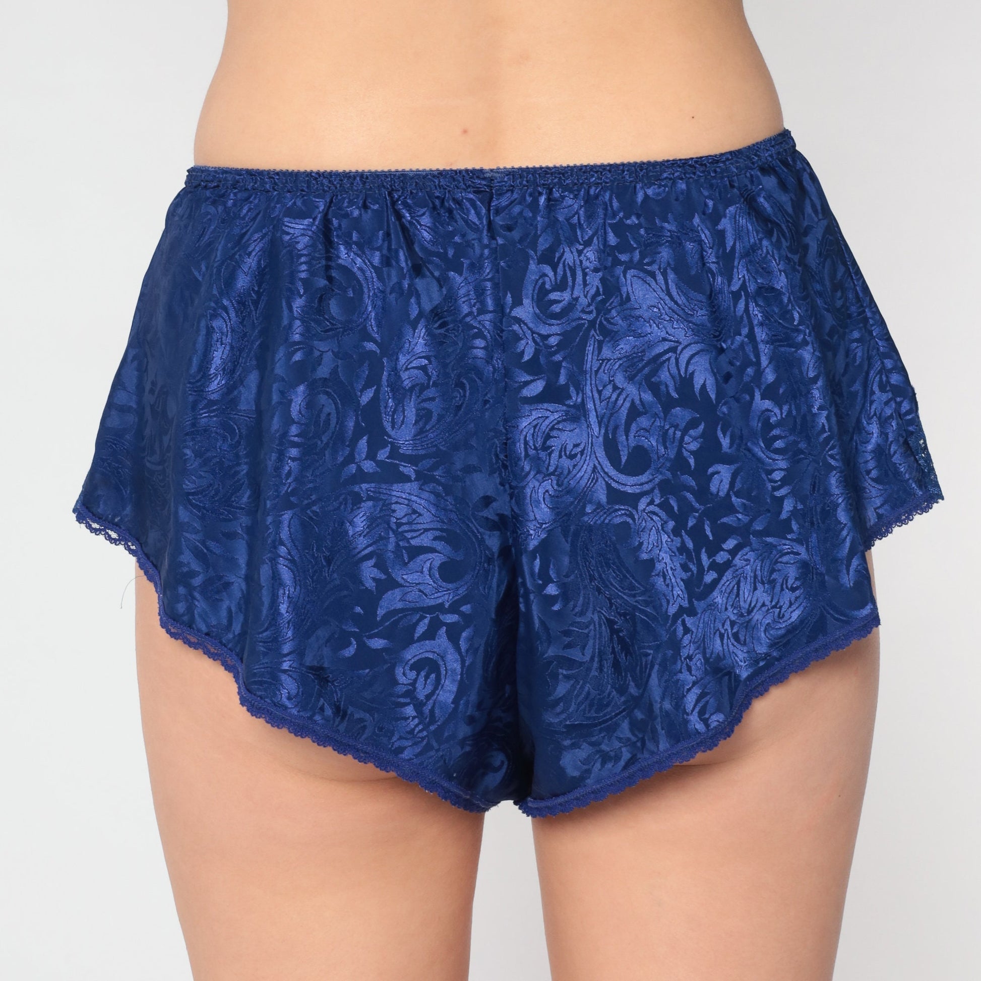 90s Indigo Satin Tap Shorts Floral Embossed Lace Trim Sleep Shorts Small Medium