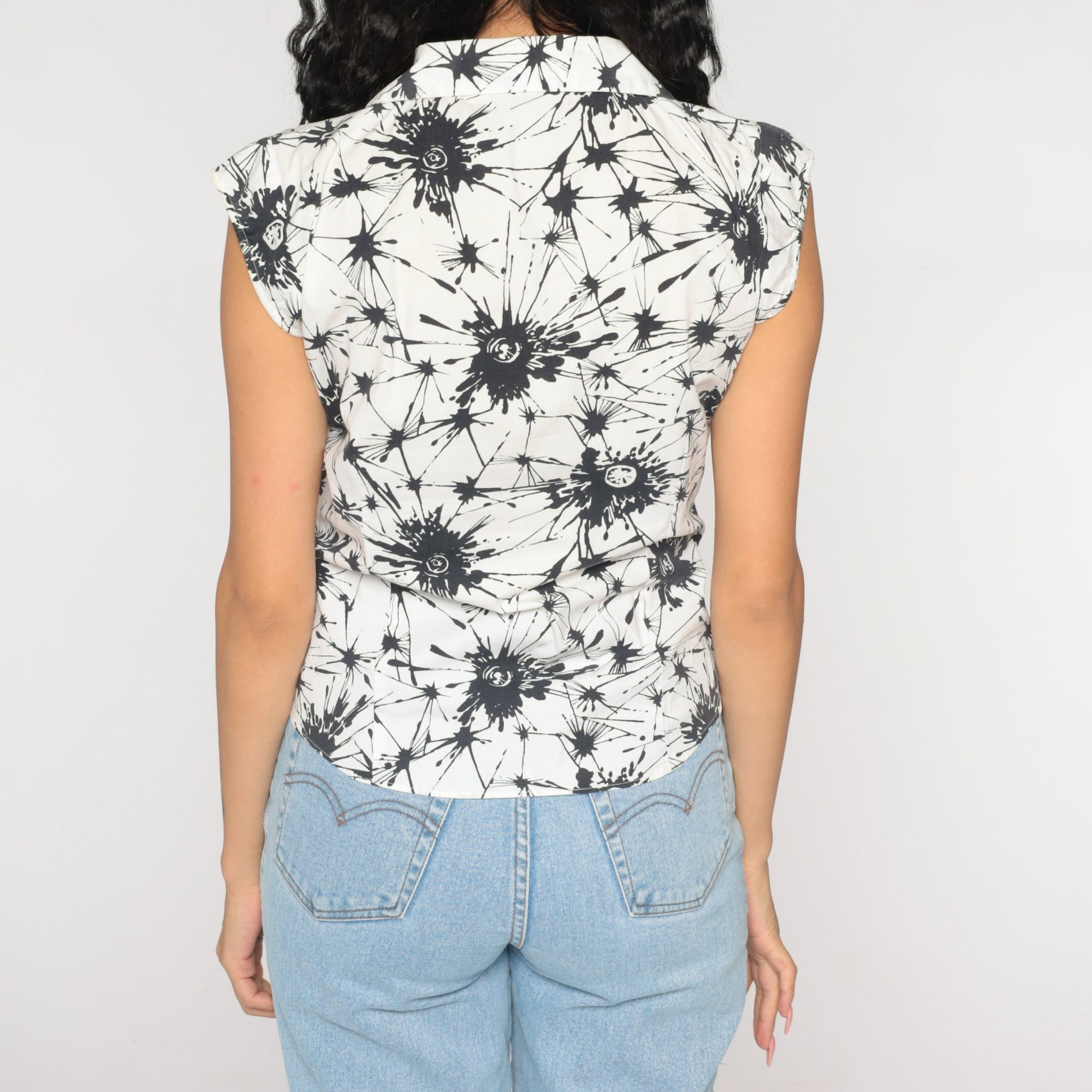 Y2K Abstract Splotch Button-Up Blouse Cap Sleeve White Black Extra Small