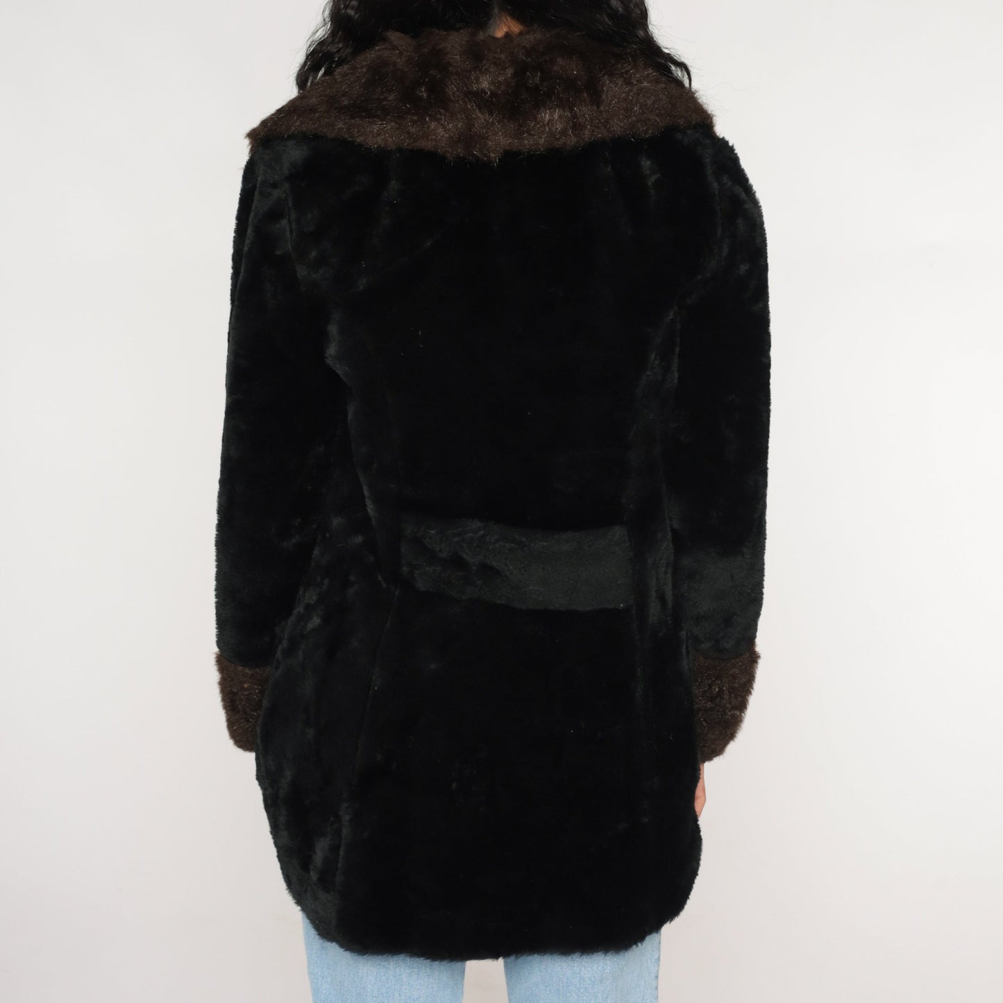 70s Black Faux Fur Coat Double Breasted Collar Brown Trim Small