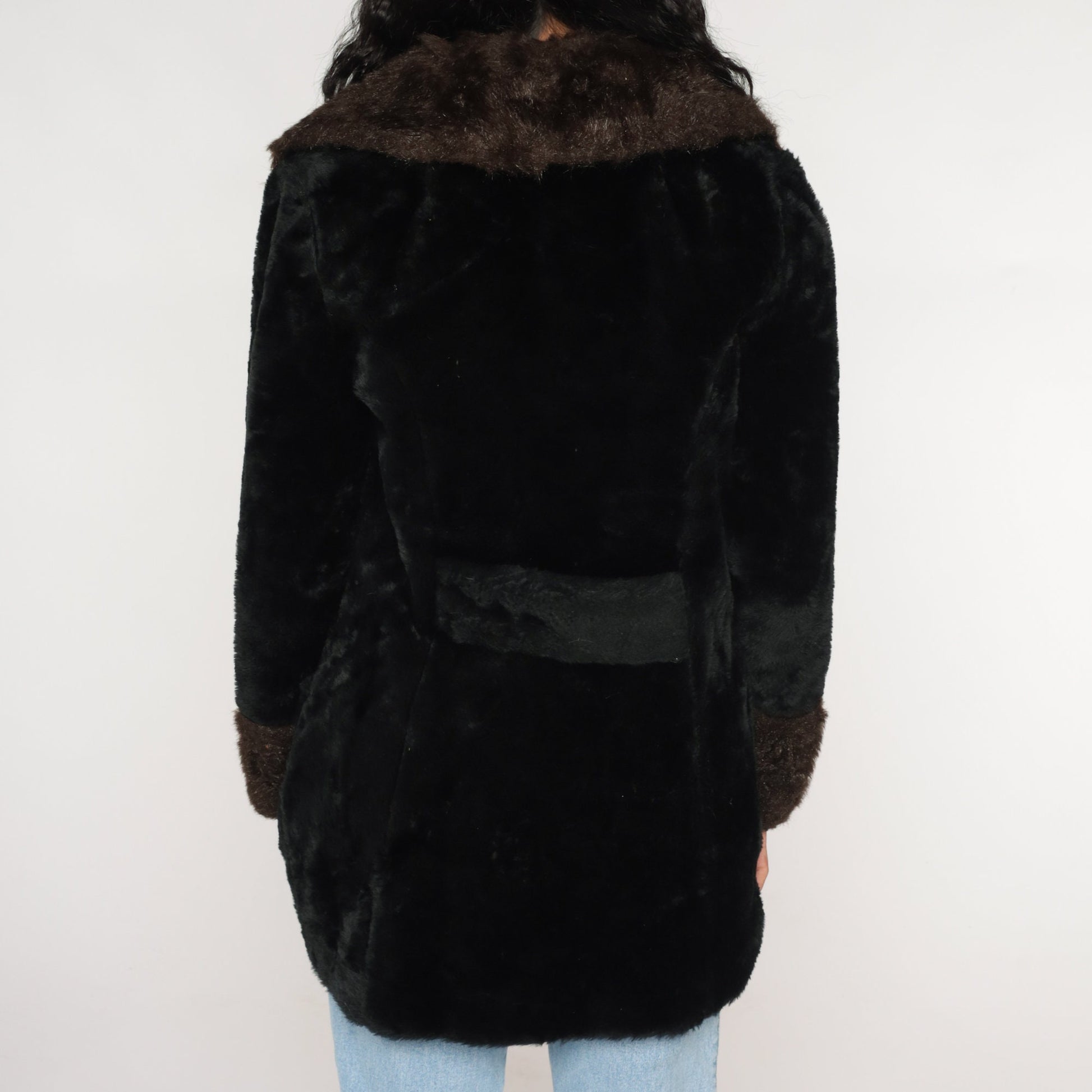 70s Black Faux Fur Coat Double Breasted Collar Brown Trim Small