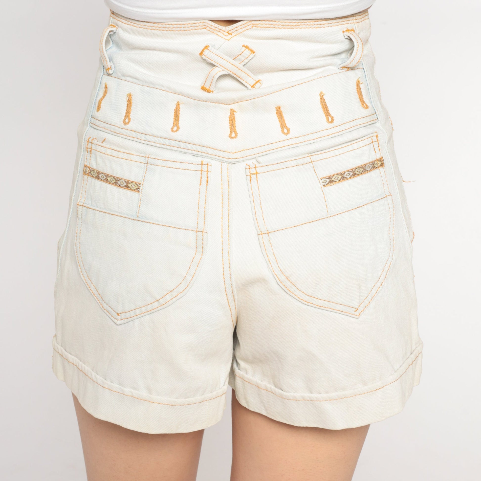 90s Off White Denim Shorts Ultra High Rise Southwestern Stitching Small