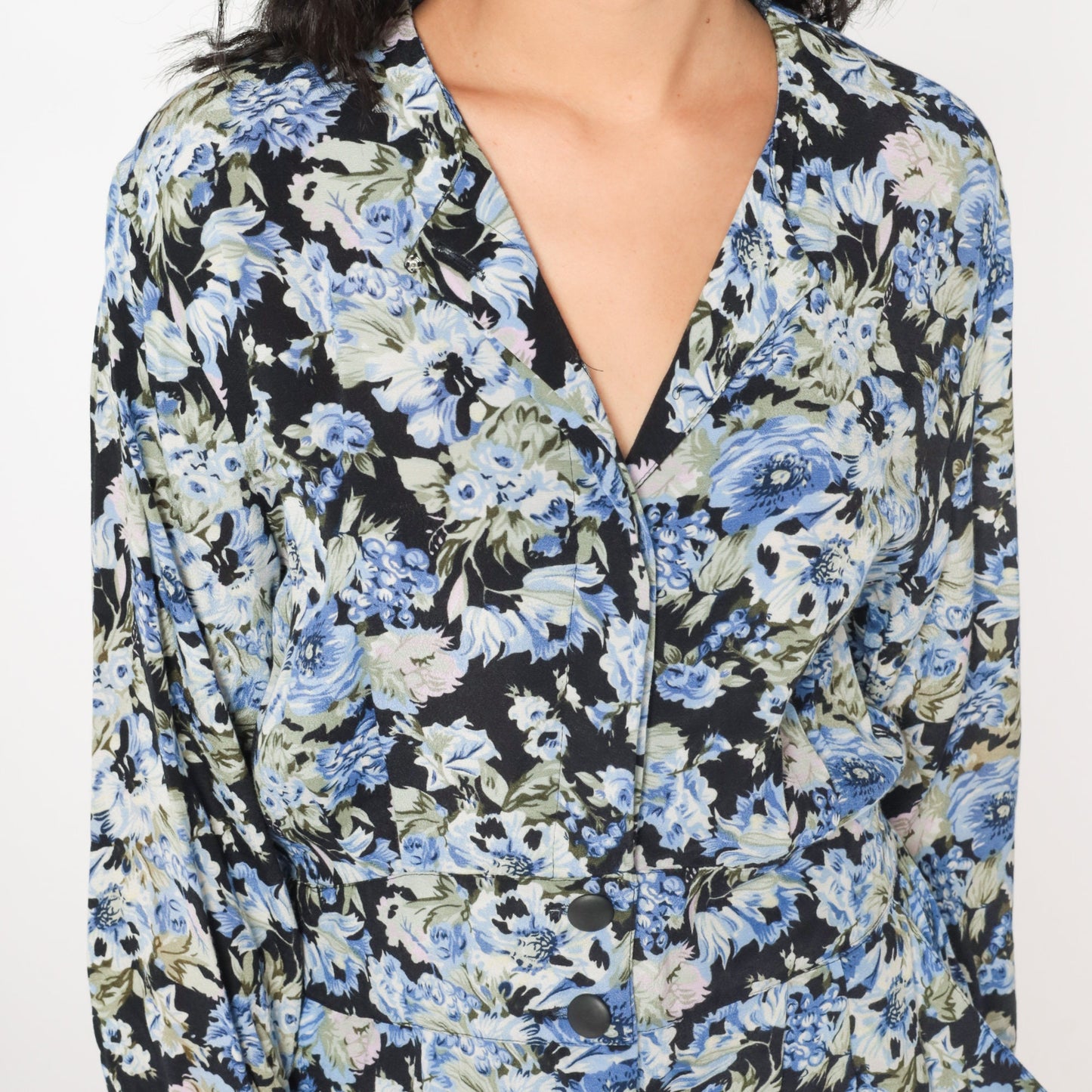 90s Black Floral Midi Dress Button-Up Long Sleeve High Waist Pencil Cut Pockets Small