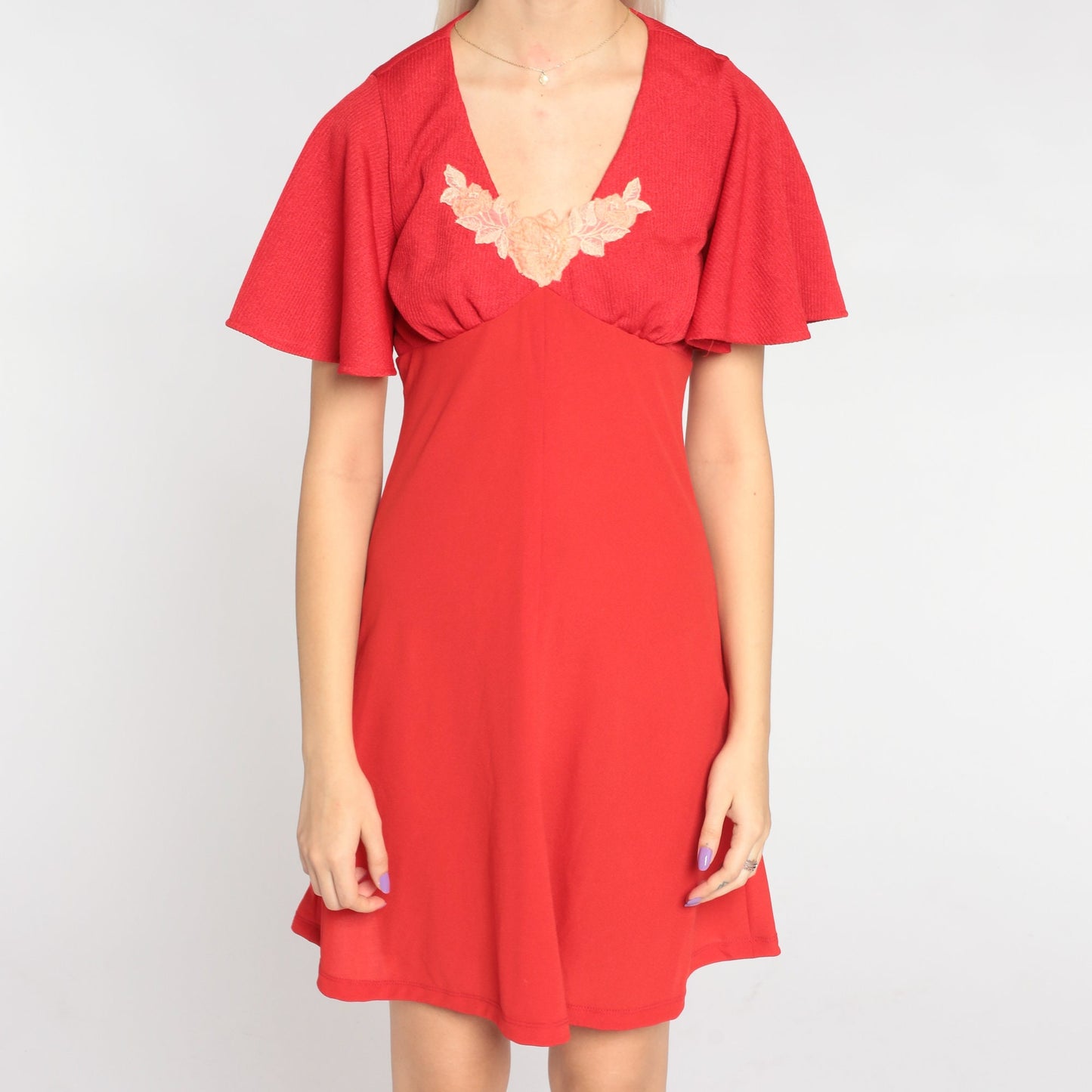 70s Red Mini Dress Floral Applique Empire Waist Flutter Sleeve Small