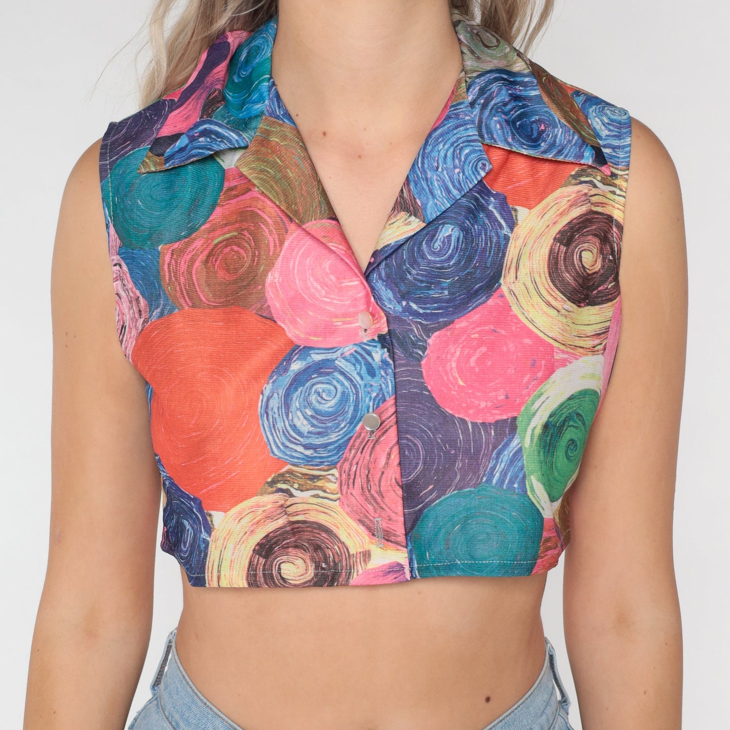 70s Swirl Print Sleeveless Crop Top Button-Up Shirt Small S