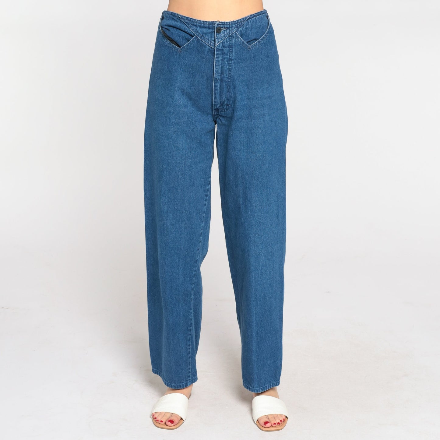 90s High Waisted Straight Leg Jeans Blue Denim Stitchwork Small S