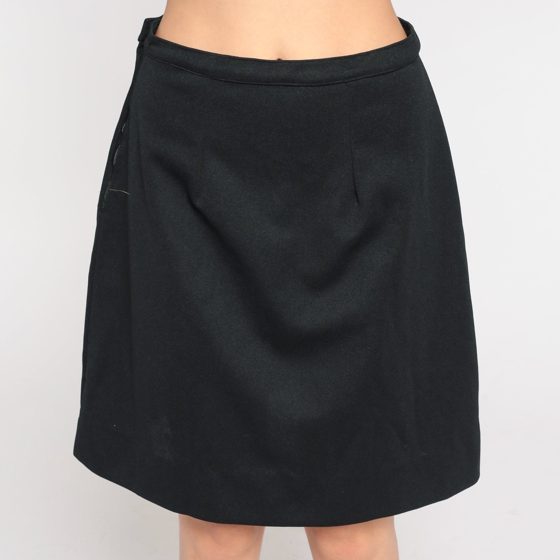 70s Black Mini A-Line Skirt High Waisted Side Zip Small