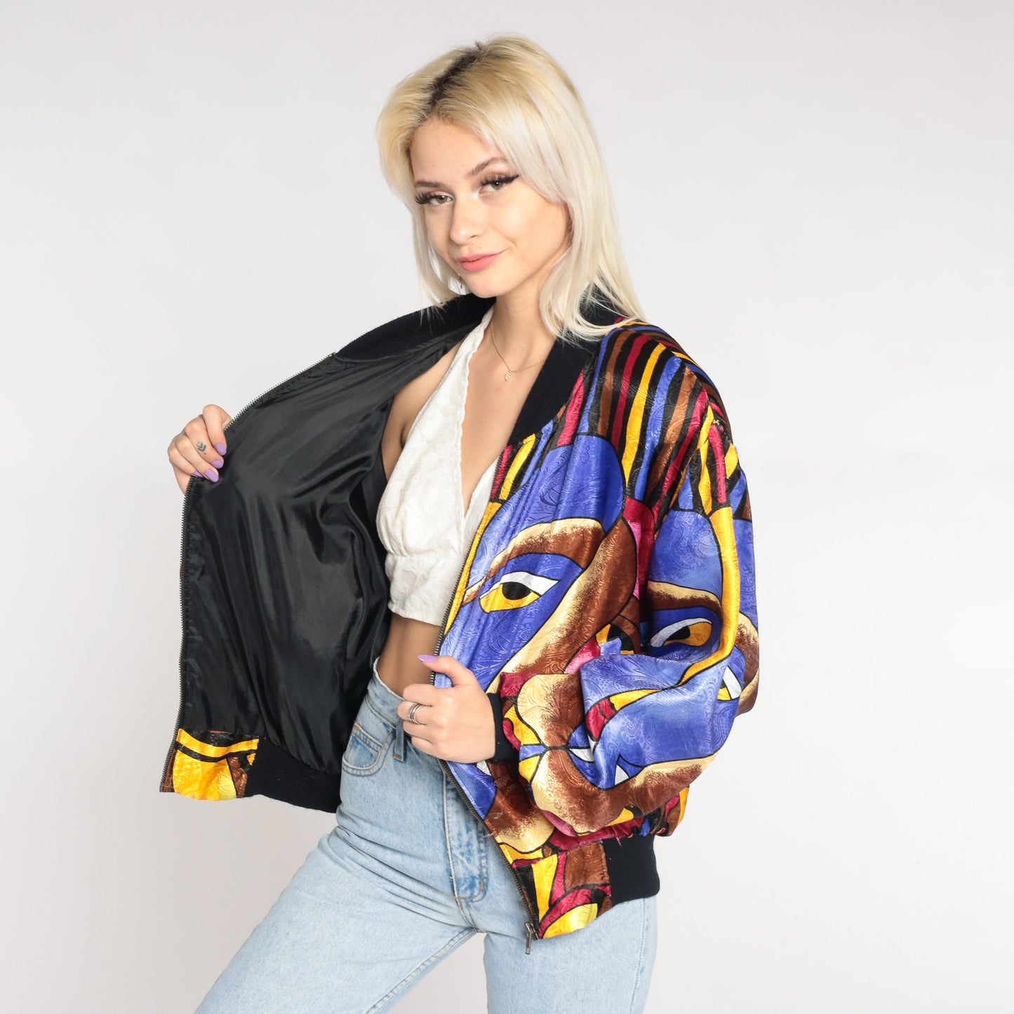 90s Psychedelic Face Print Zip Bomber Jacket Medium Large
