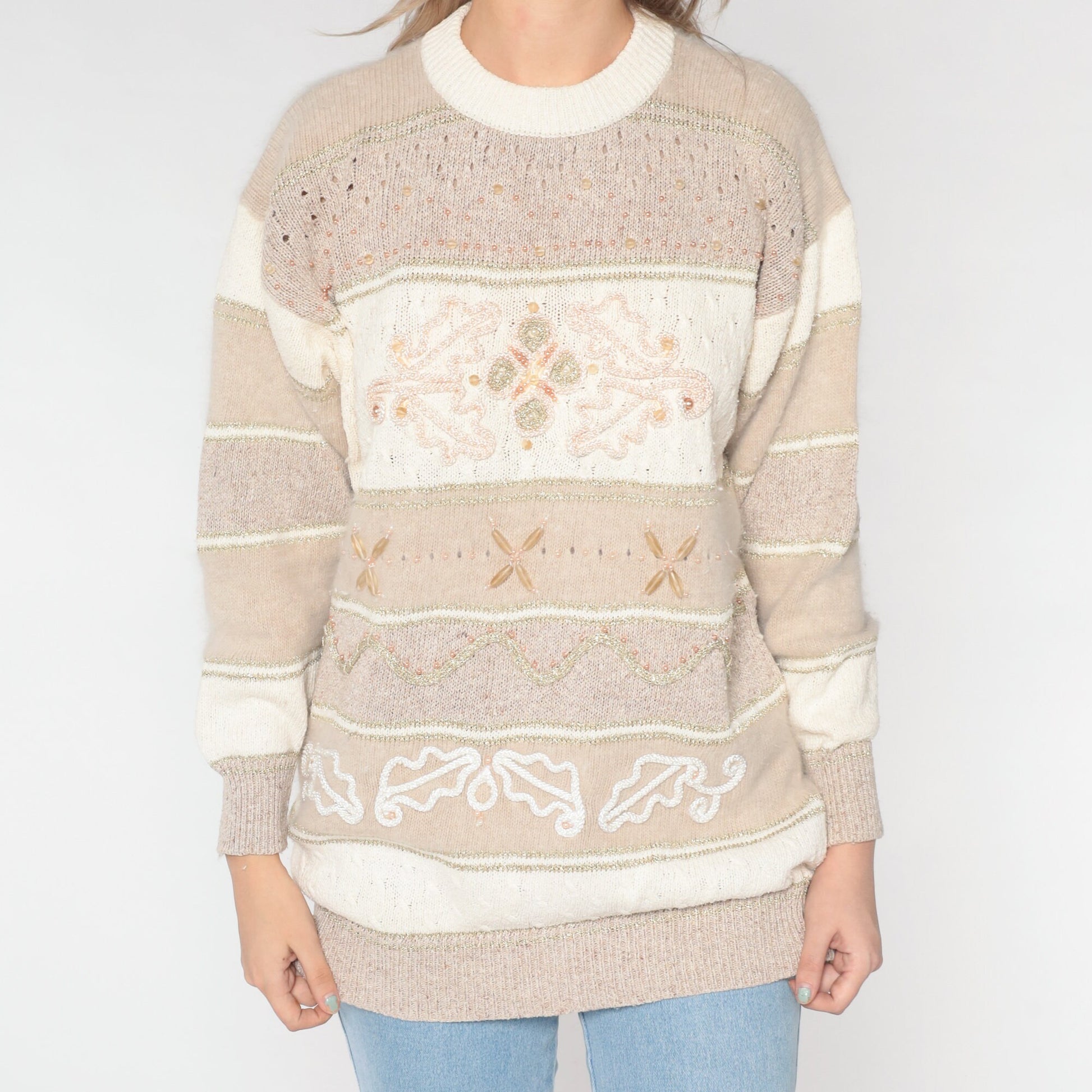 90s Tan Beaded Cutout Pullover Sweater Silk Wool Blend Extra Large