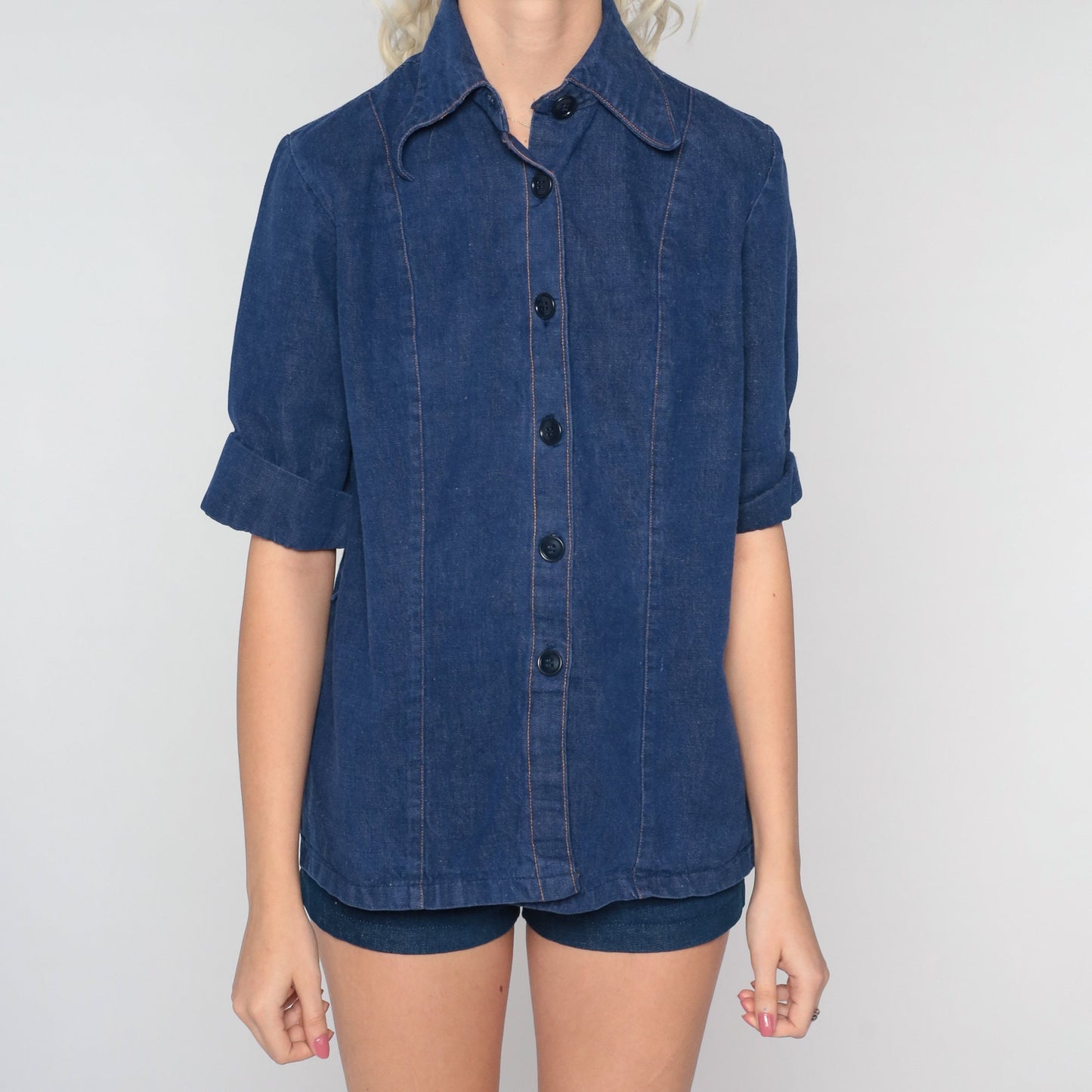 70s Dark Blue Denim Button-Up Shirt Short Sleeve Jean Blouse Small S