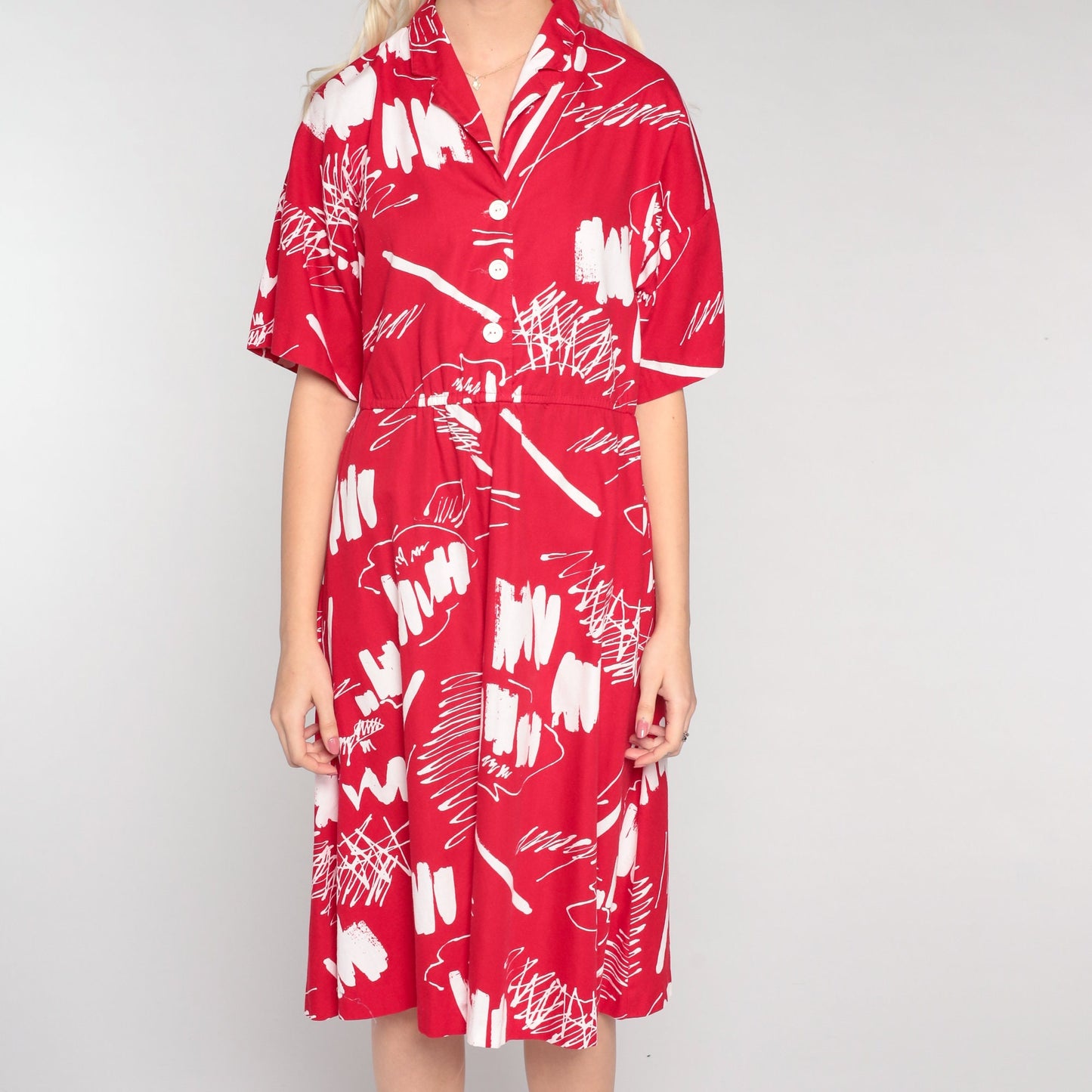 80s Brushstroke Print Midi Shirt Dress High Waist Button Up Red White Medium