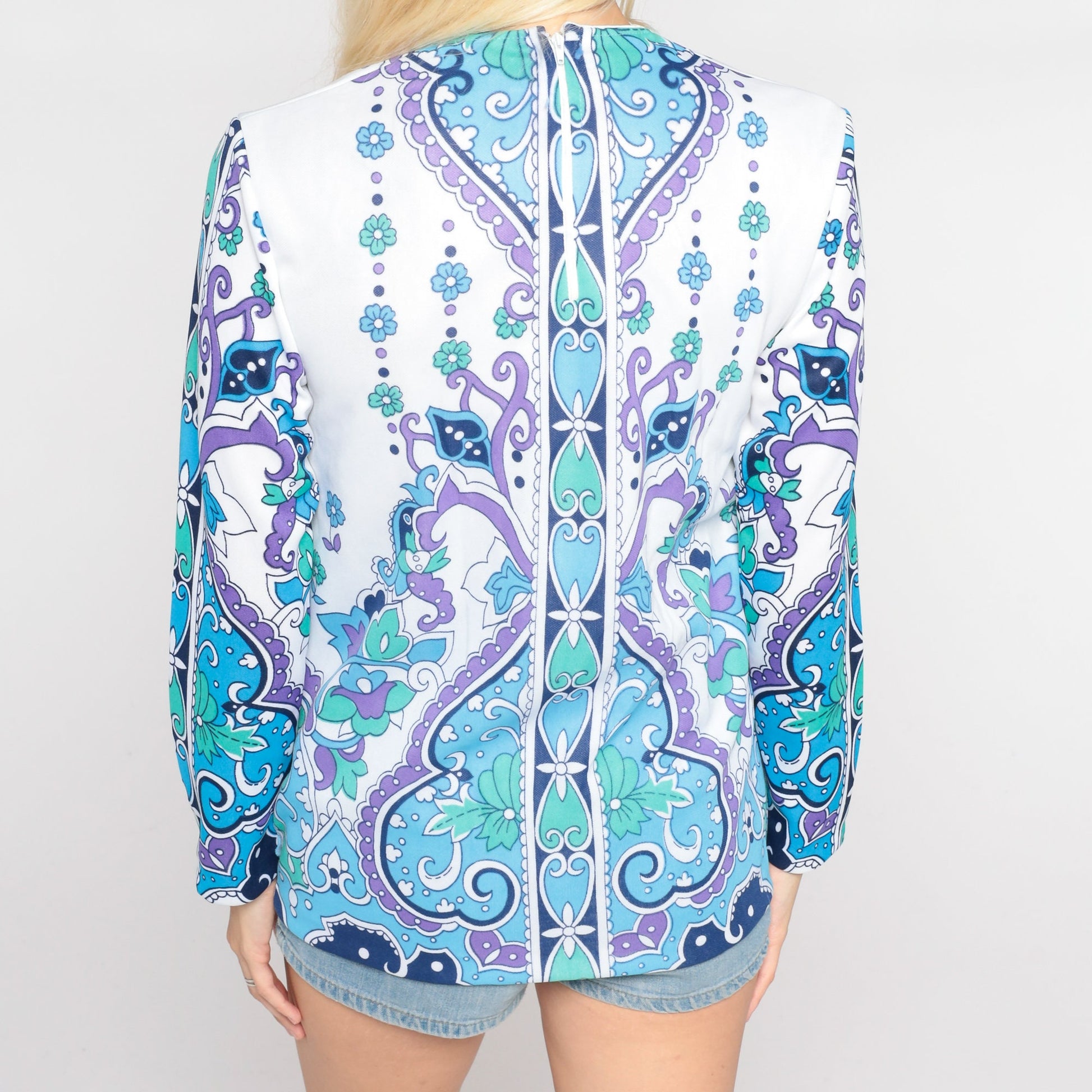 70s Floral Heart Swirl Print Blouse Long Sleeve White Blue Purple Small