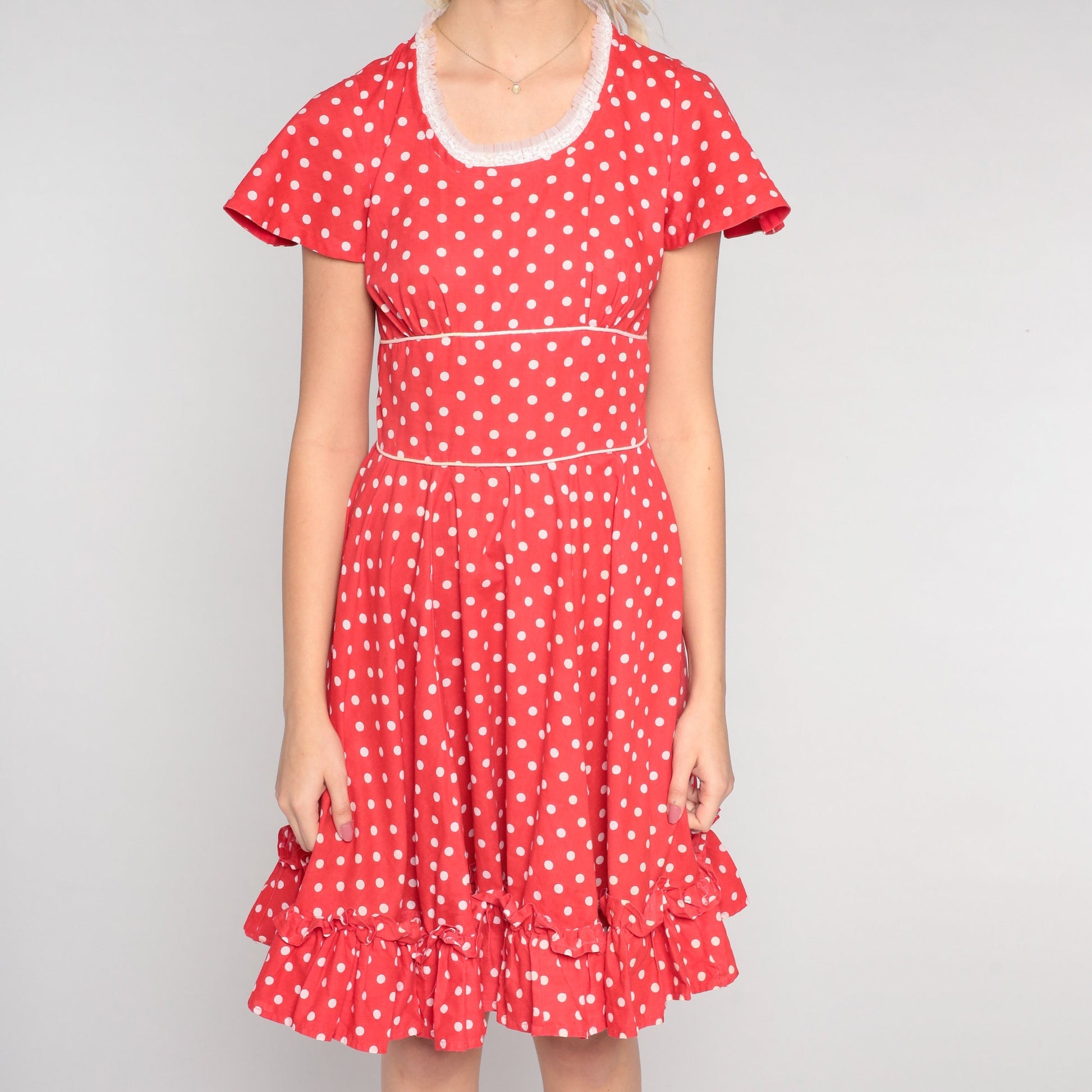 70s Red Polka Dot Mini Dress Flutter Sleeve Full Skirt High Waist Extra Small