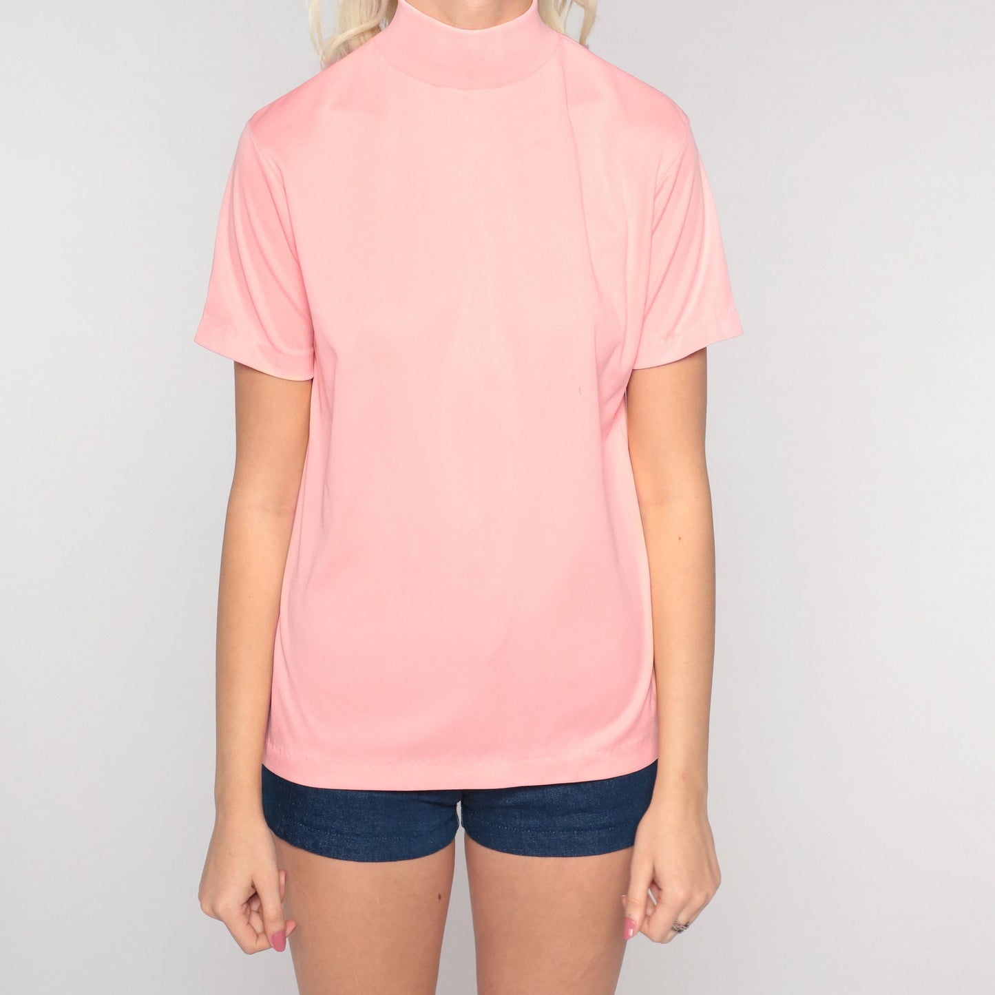 70s Mock Neck Shirt Peach Pink Short Sleeve Blouse Small S