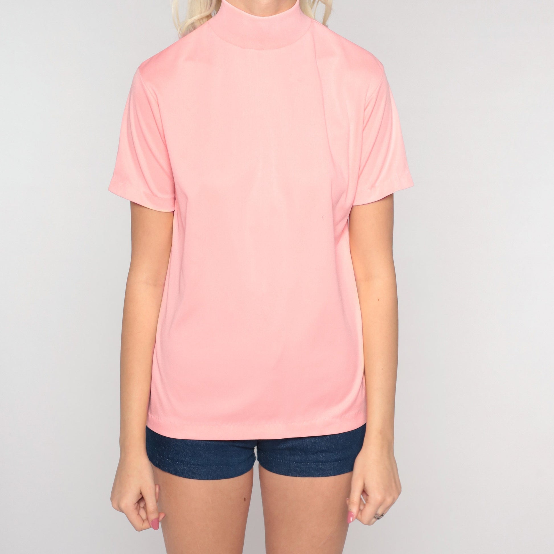 70s Mock Neck Shirt Peach Pink Short Sleeve Blouse Small S