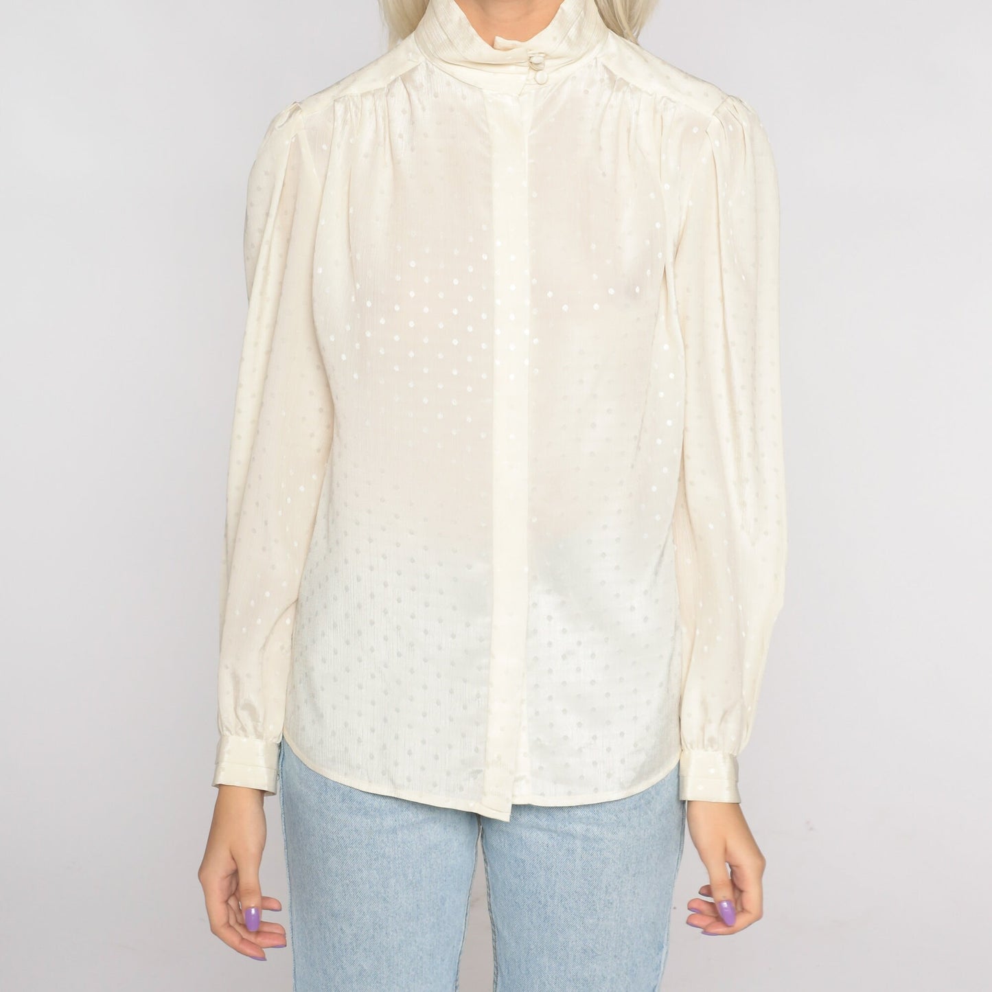 80s Cream Embossed Polka Dot Puff Sleeve Blouse Mock Neck Button Up Large