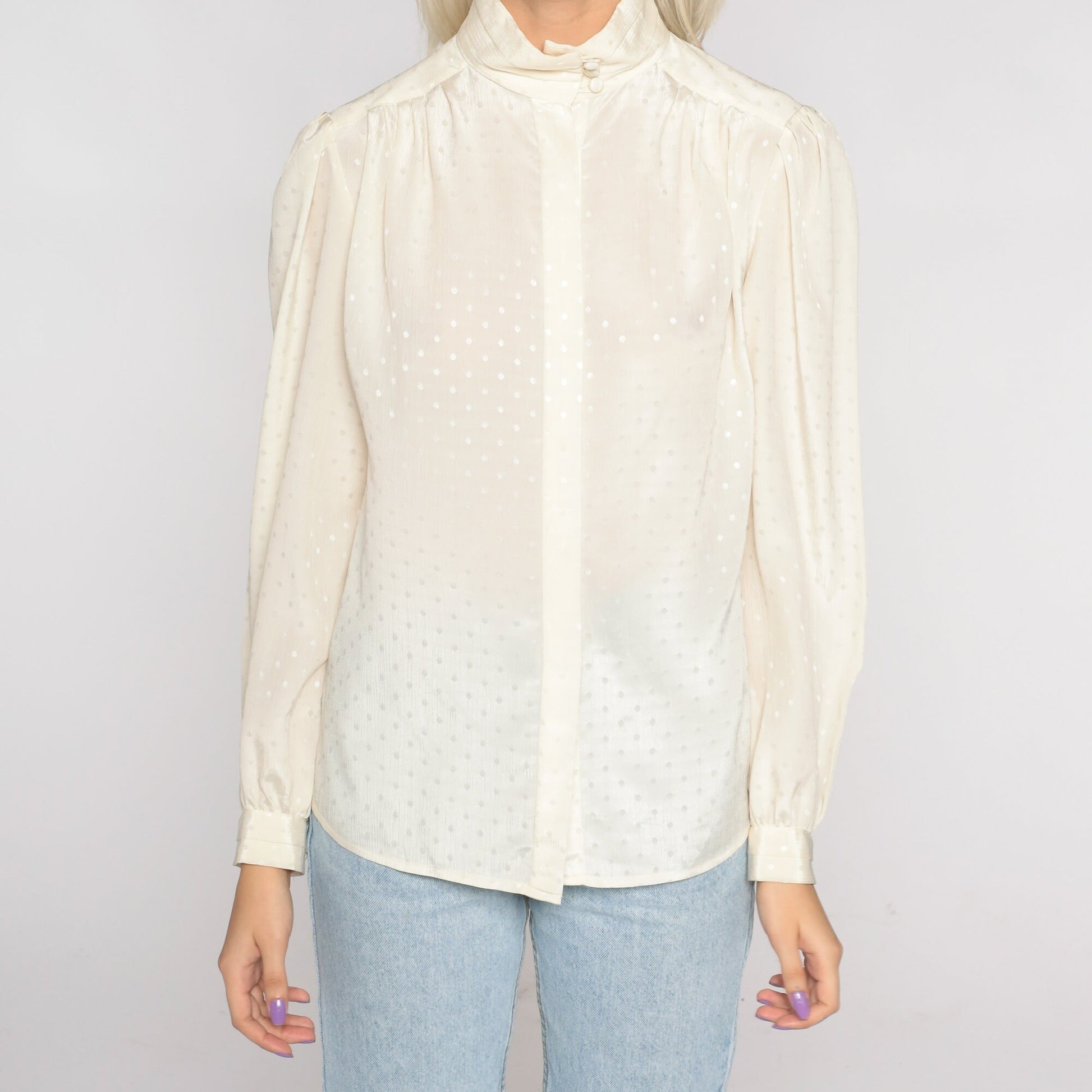80s Cream Embossed Polka Dot Puff Sleeve Blouse Mock Neck Button Up Large
