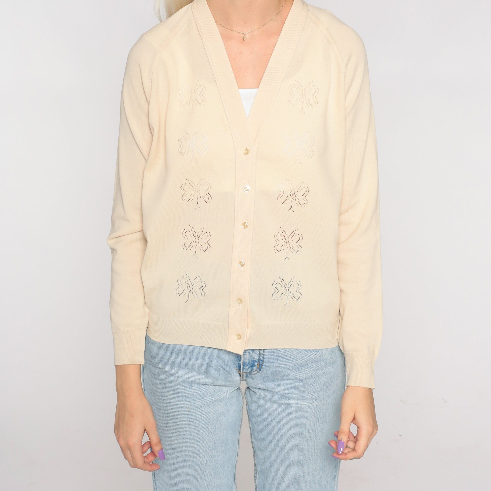 70s Beige Cutout Butterfly Cardigan Button-Up V-Neck Sweater Small