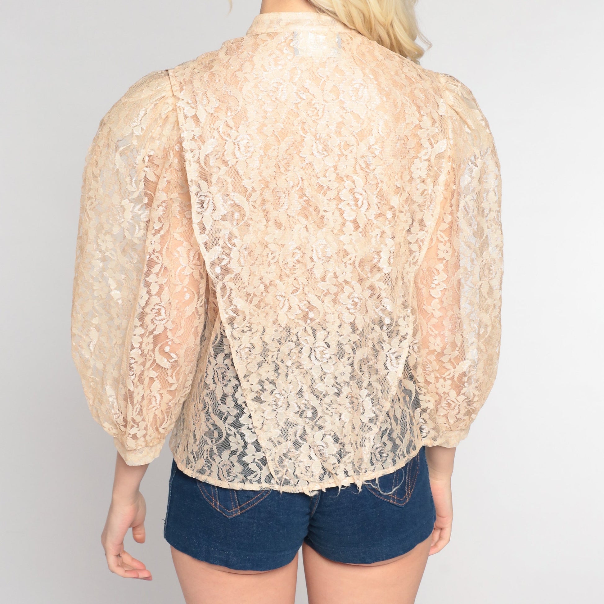 80s I Magnin Cream Lace Blouse Pearl Beaded Puff Sleeve Button-Up Small