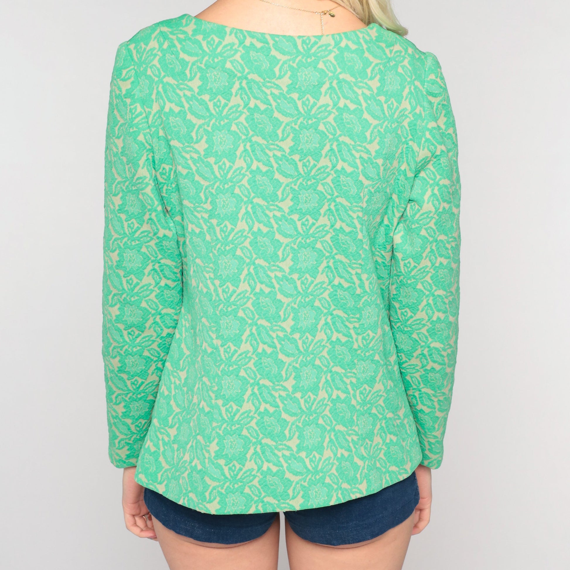 70s Green Floral Button-Up Blouse Long Sleeve Textured Print Small
