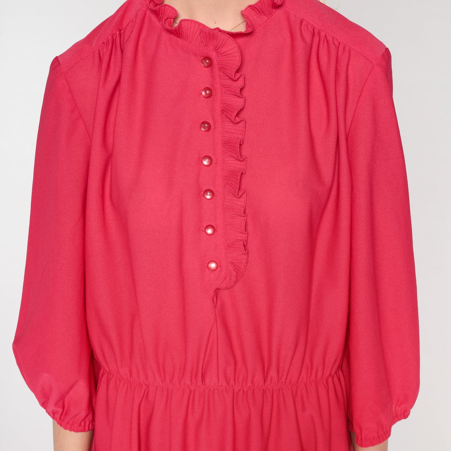 80s Bright Pink Shirtwaist Mini Dress Ruffle Collar Button-Up 3/4 Sleeve Large