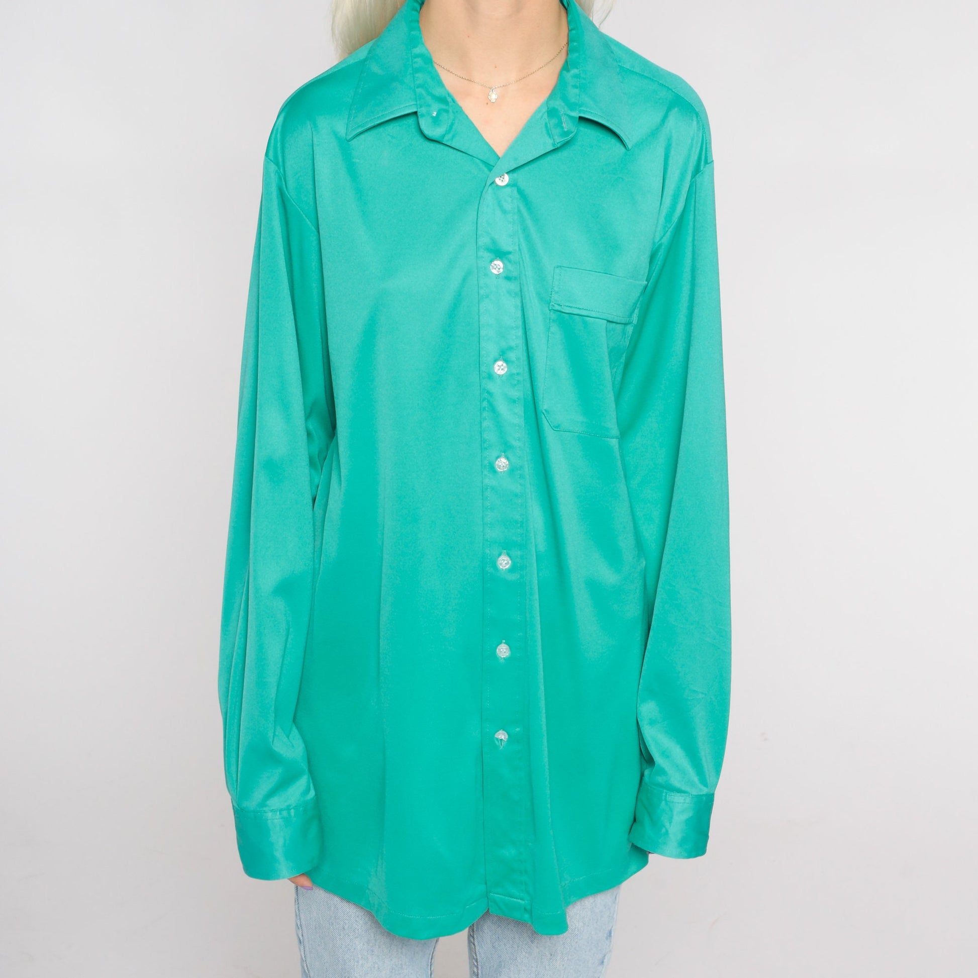 70s Green Dagger Collar Button-Up Shirt Long Sleeve Oxford Extra Large