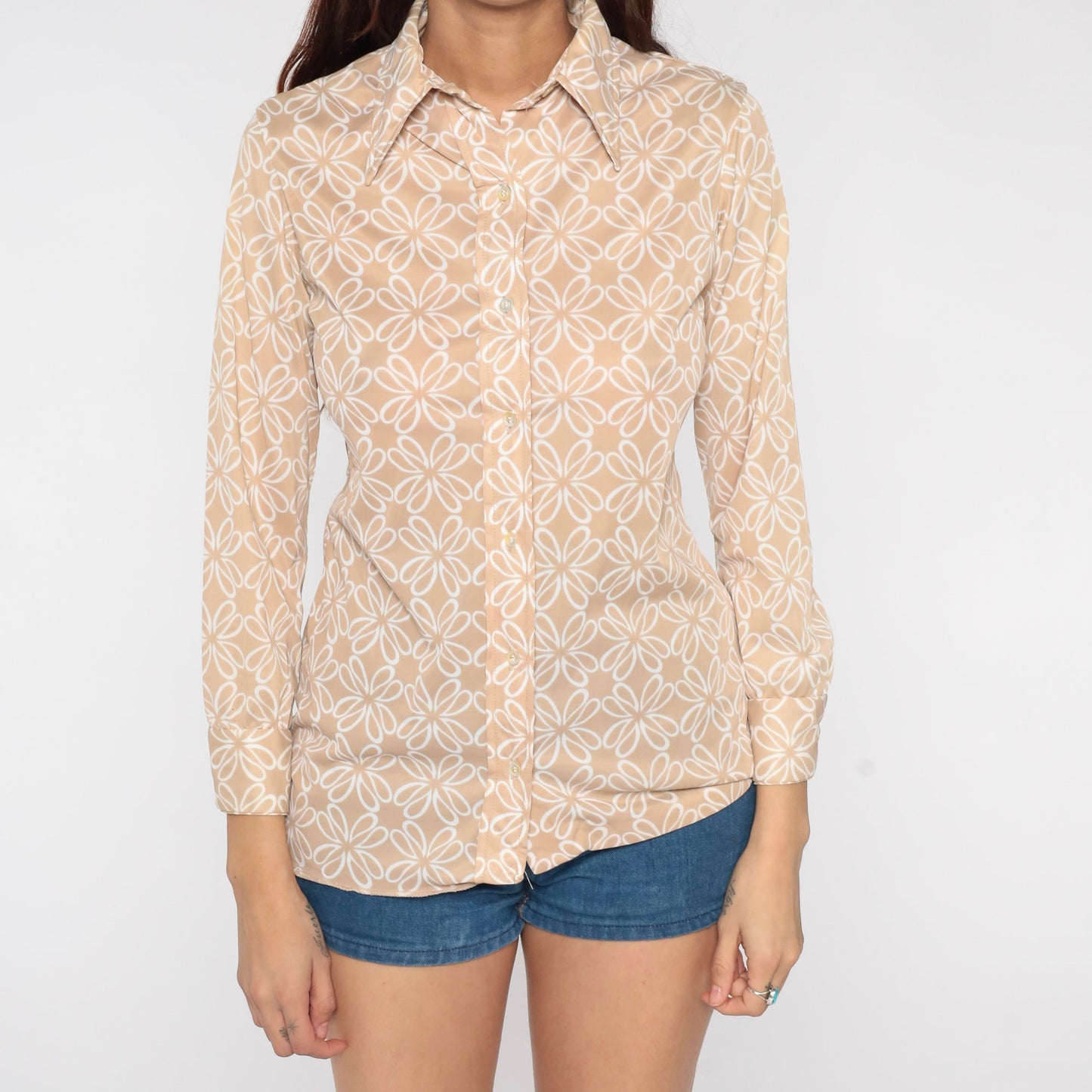 70s Vera Abstract Floral Button-Up Shirt Tan Pointed Collar Long Sleeve Small