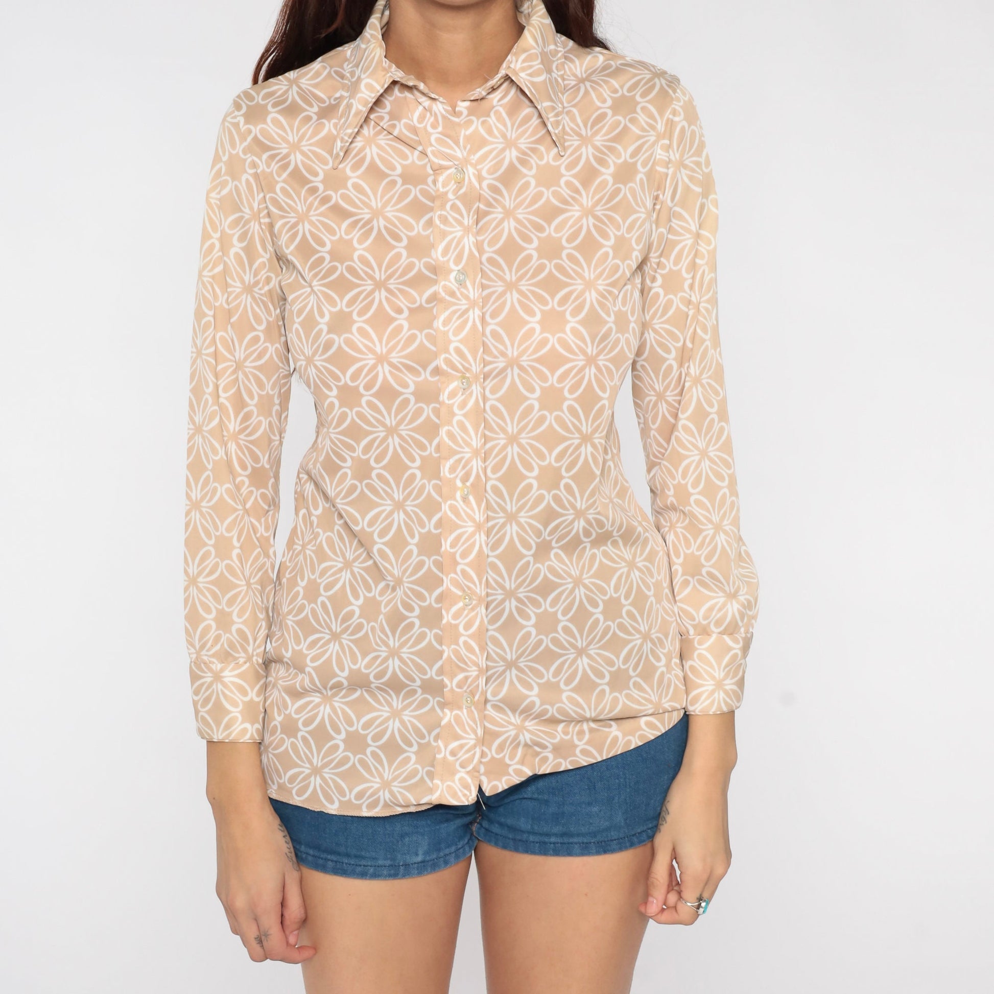 70s Vera Abstract Floral Button-Up Shirt Tan Pointed Collar Long Sleeve Small