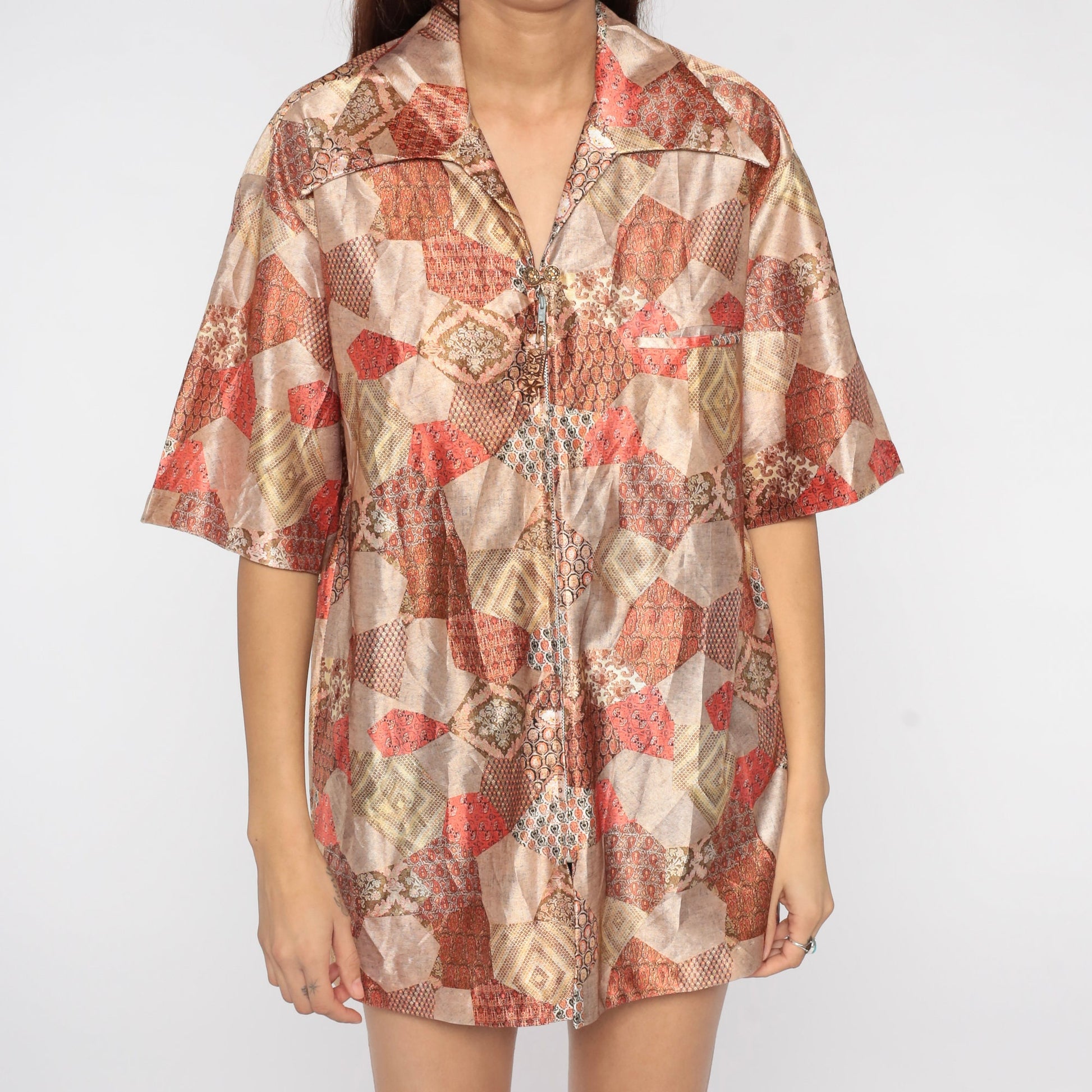 70s Patchwork Paisley Zip Shirt Short Sleeve Psychedelic Blouse Large