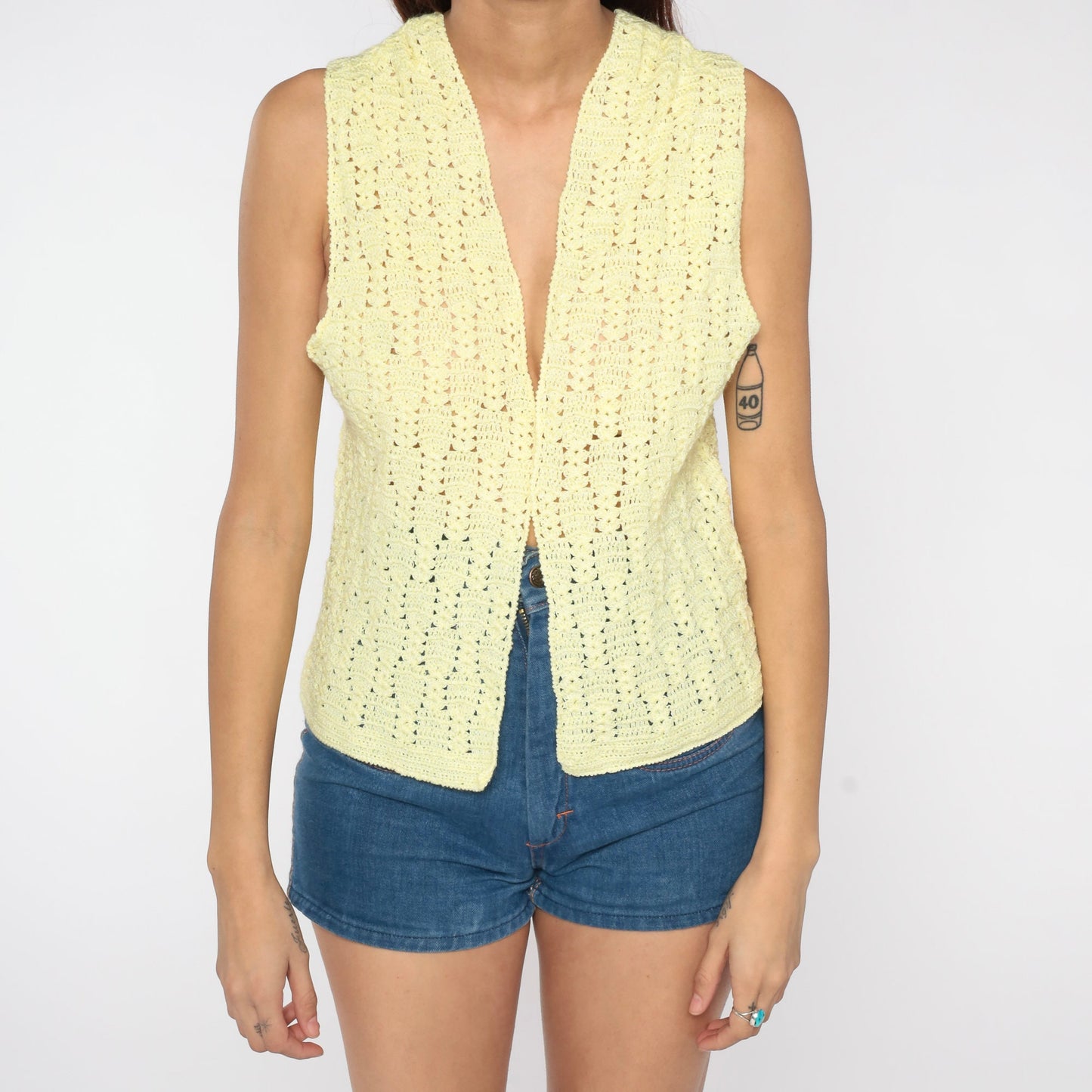 70s Crochet Vest Pale Yellow Knit Open Front Sleeveless Small