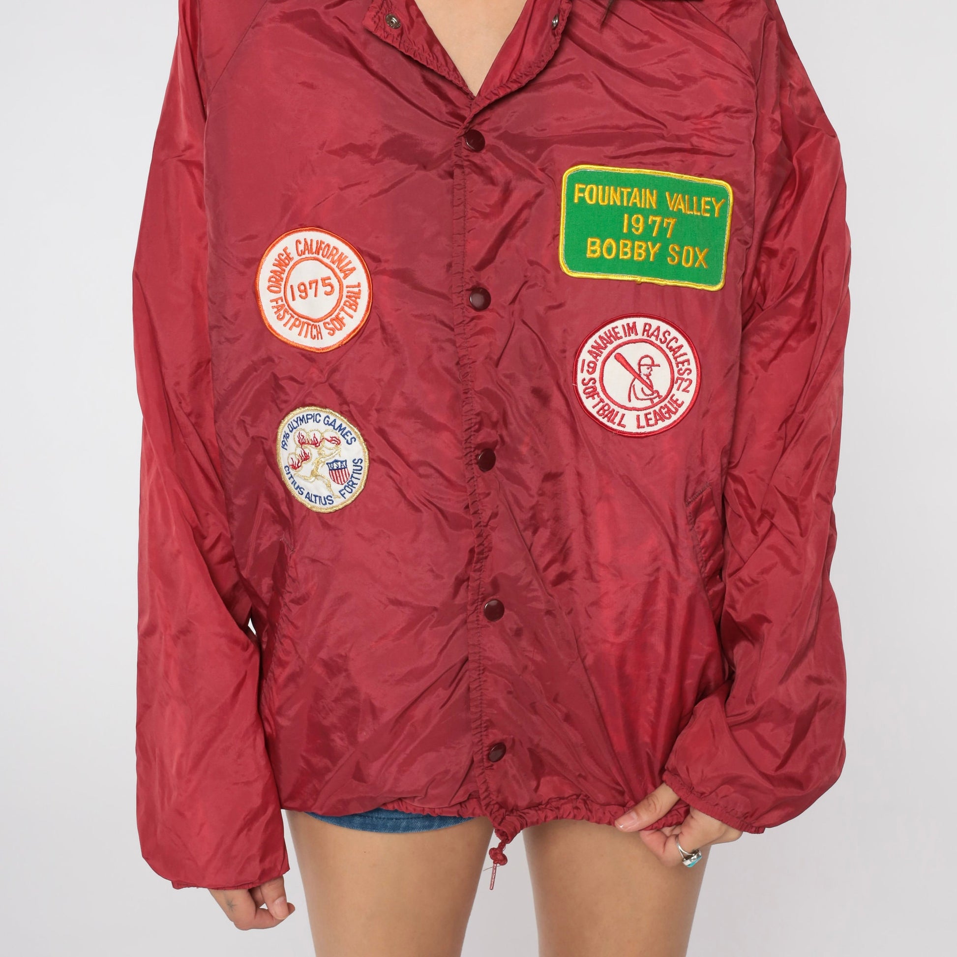 70s Burgundy Softball Patch Coach Jacket Fountain Valley Medium