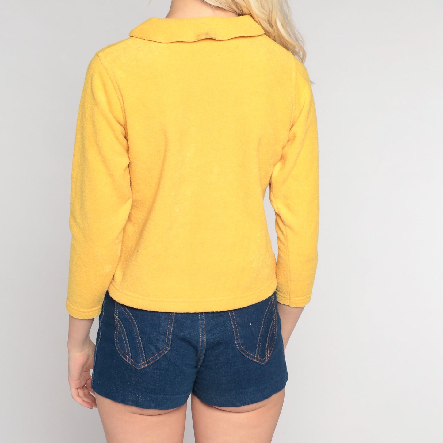 00s Yellow Terry Cloth Polo Shirt Long Sleeve Collared Blouse Extra Small