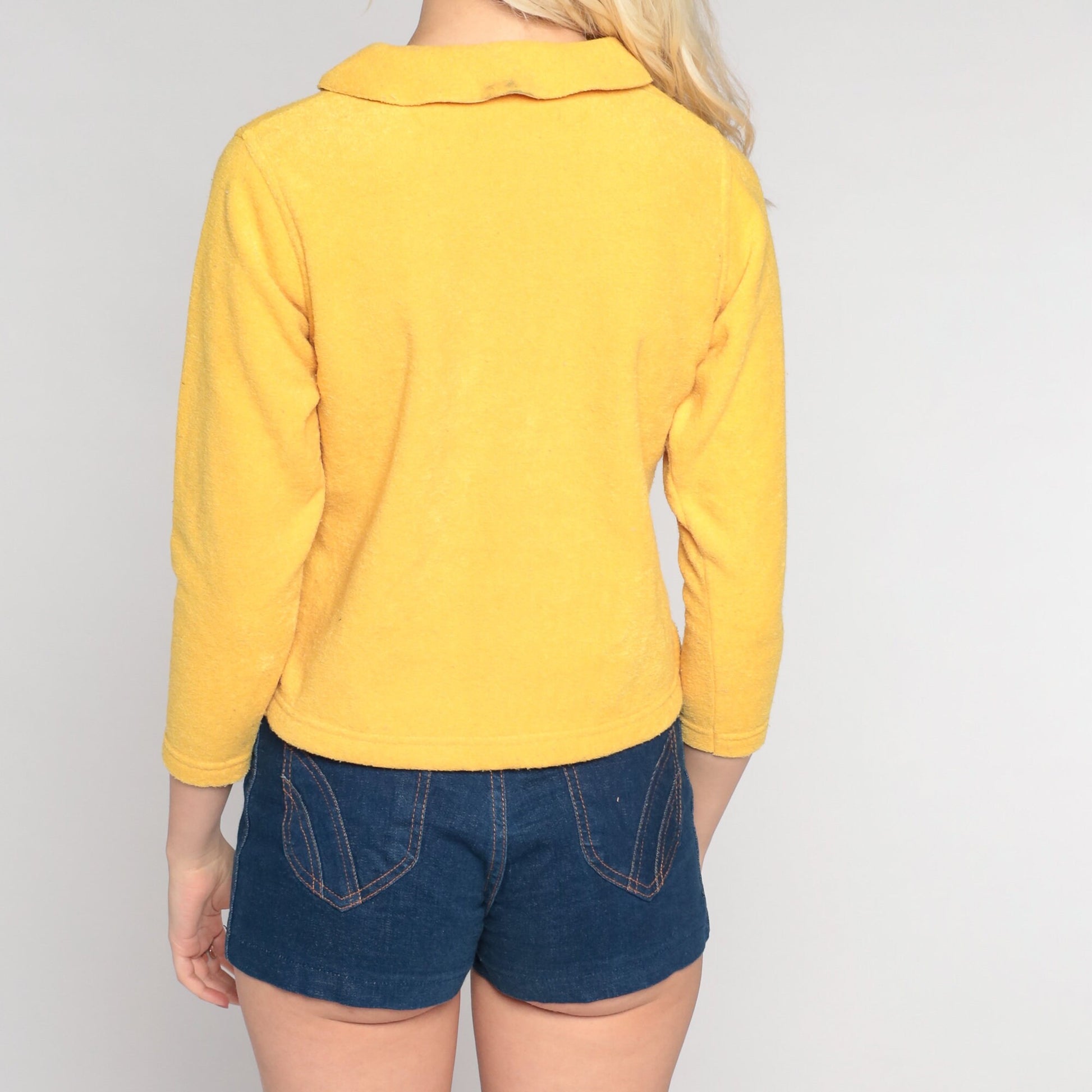 00s Yellow Terry Cloth Polo Shirt Long Sleeve Collared Blouse Extra Small