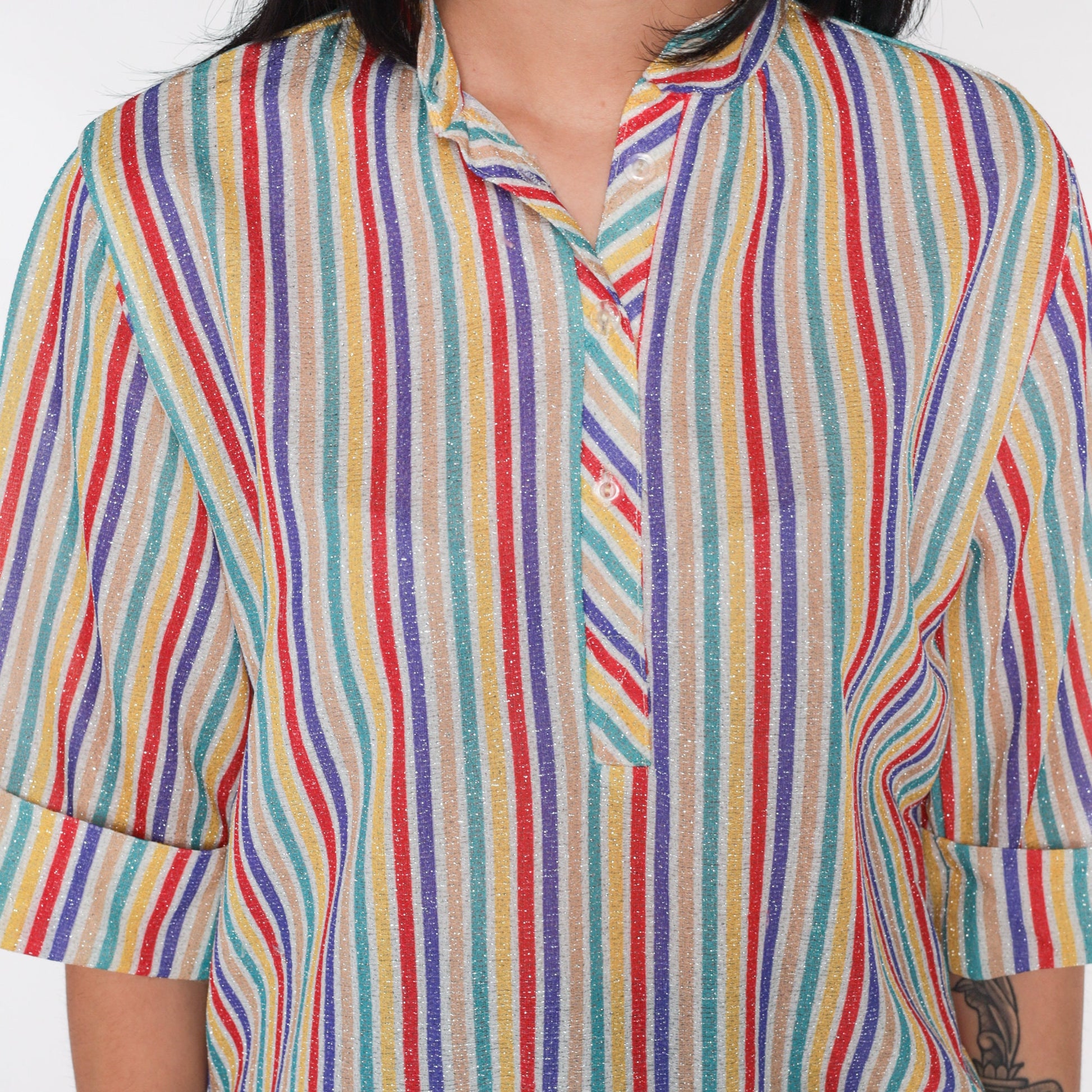 70s Metallic Rainbow Striped Button-Up Blouse 3/4 Sleeve Medium