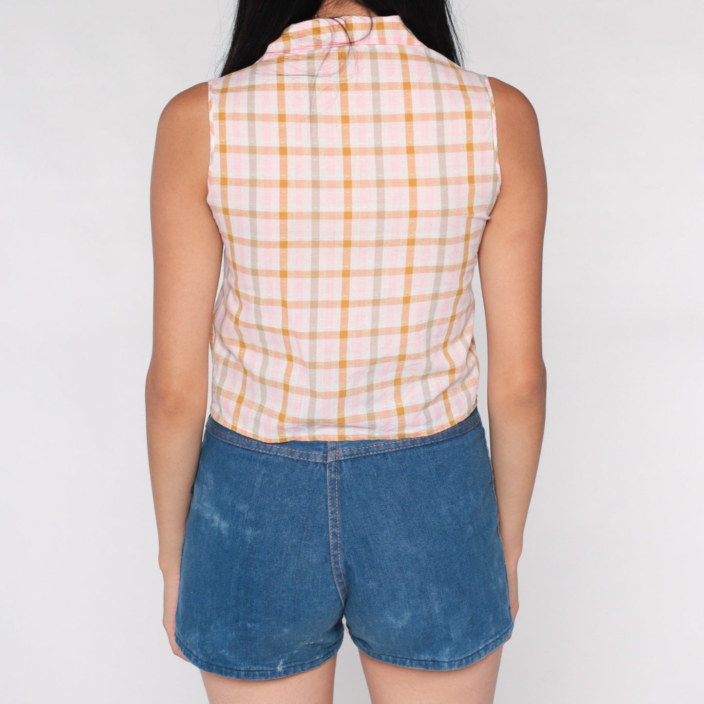 70s Pink Checkered Button-Up Blouse Sleeveless Plaid Top XXS