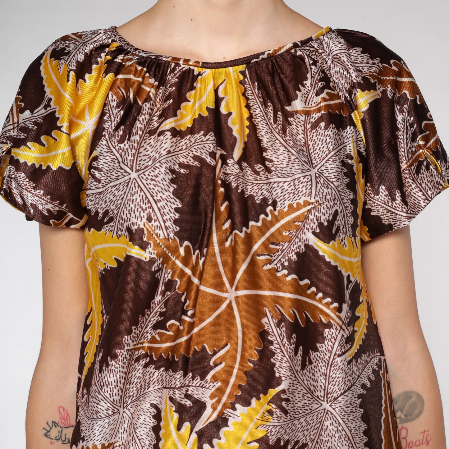 70s Leaf Print Mini Dress Brown Tent Cut Short Sleeve Small