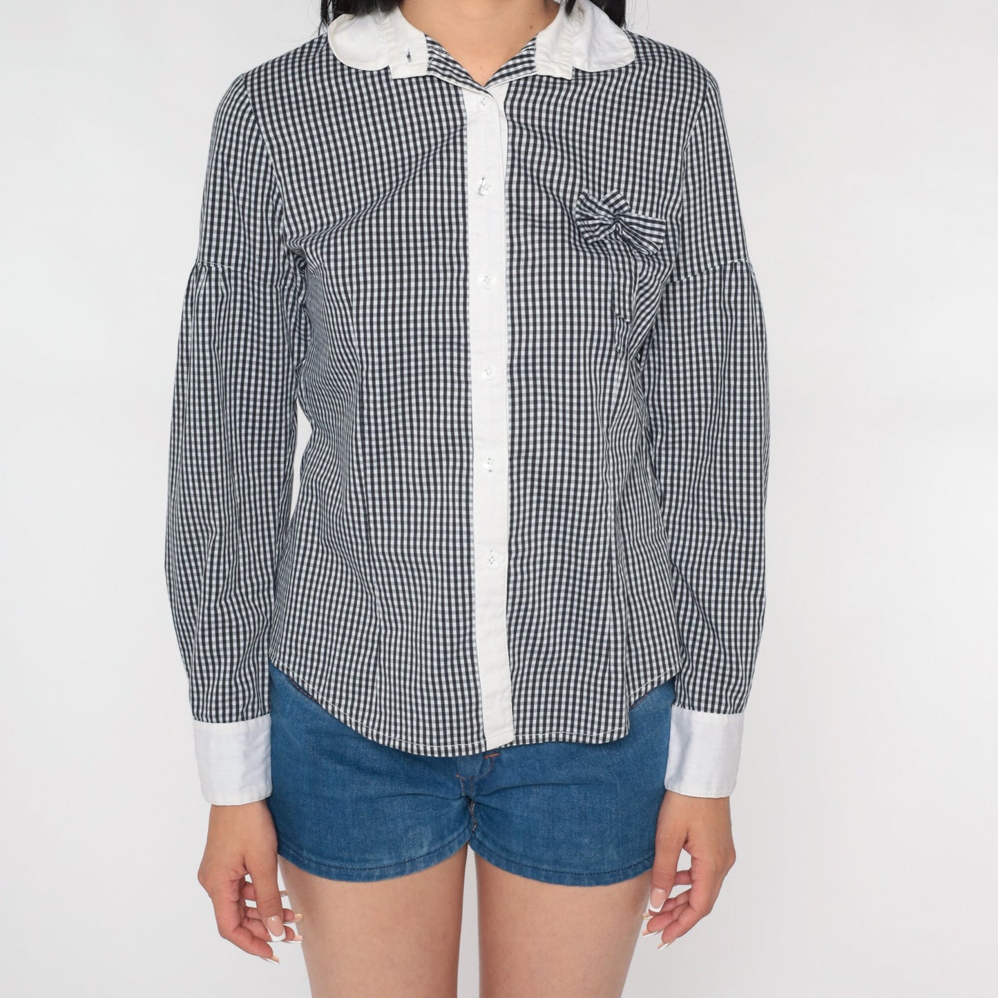 80s Black White Gingham Button-Up Blouse Bow Chest Long Sleeve Small S